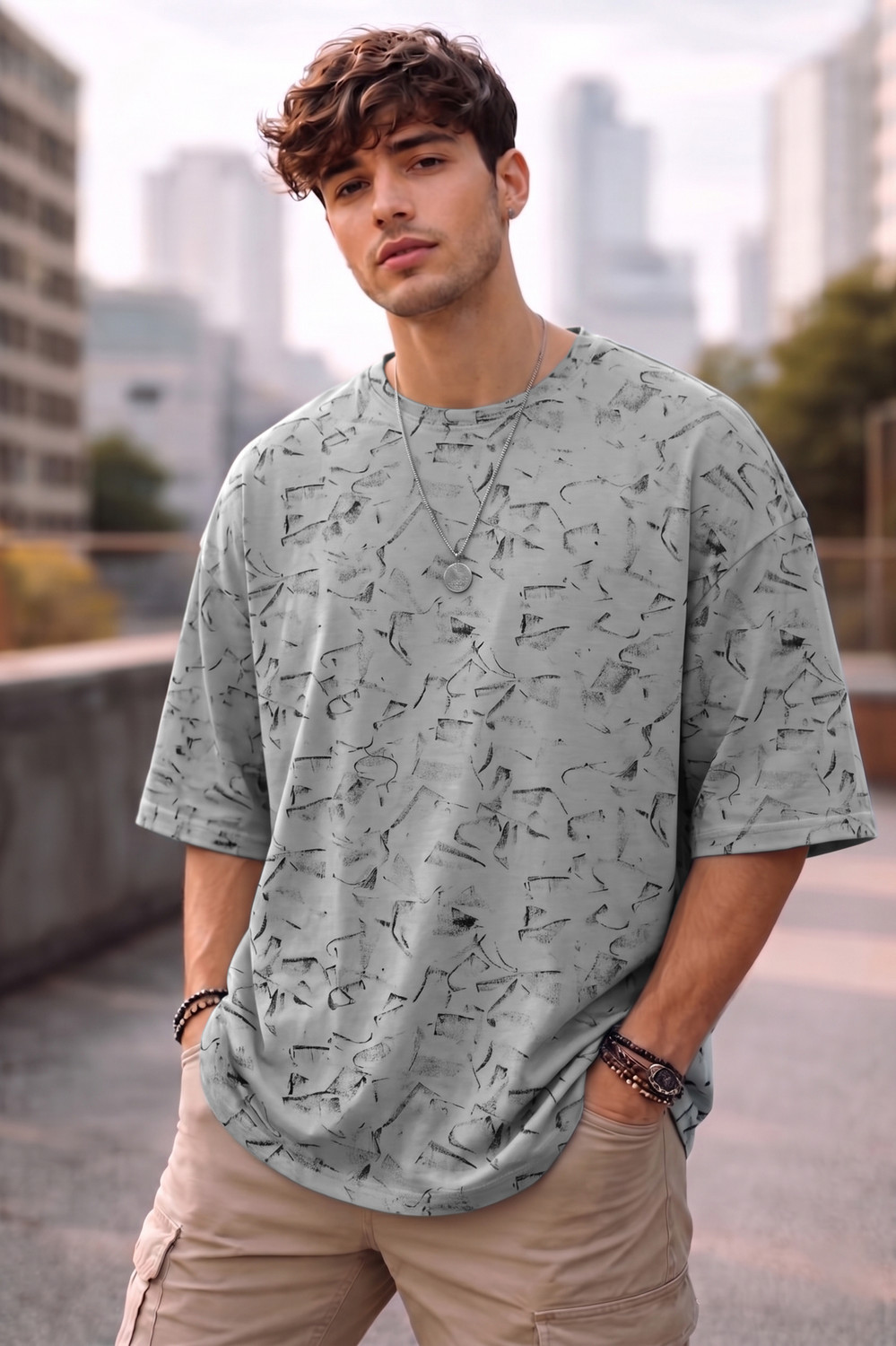 Image of BEING WANTED Printed Men Round Neck Grey T-Shirt