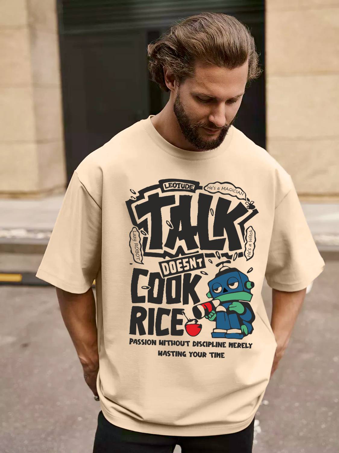 Leotude Men Printed Round Neck Cotton Blend Beige T-Shirt