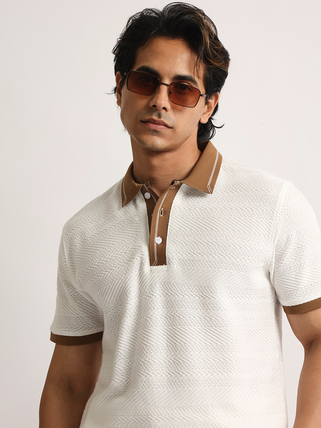 Image of MANIAC Self Design Men Polo Neck White, Brown T-Shirt