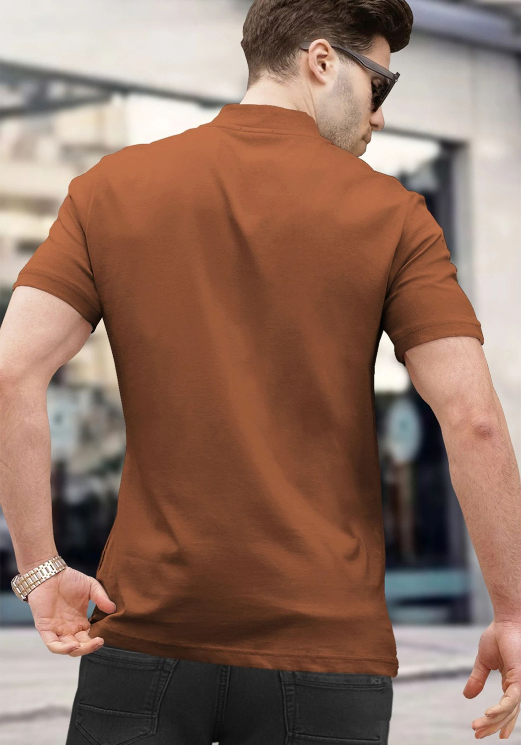 Image of TRIPR Printed Men Mandarin Collar Brown T-Shirt