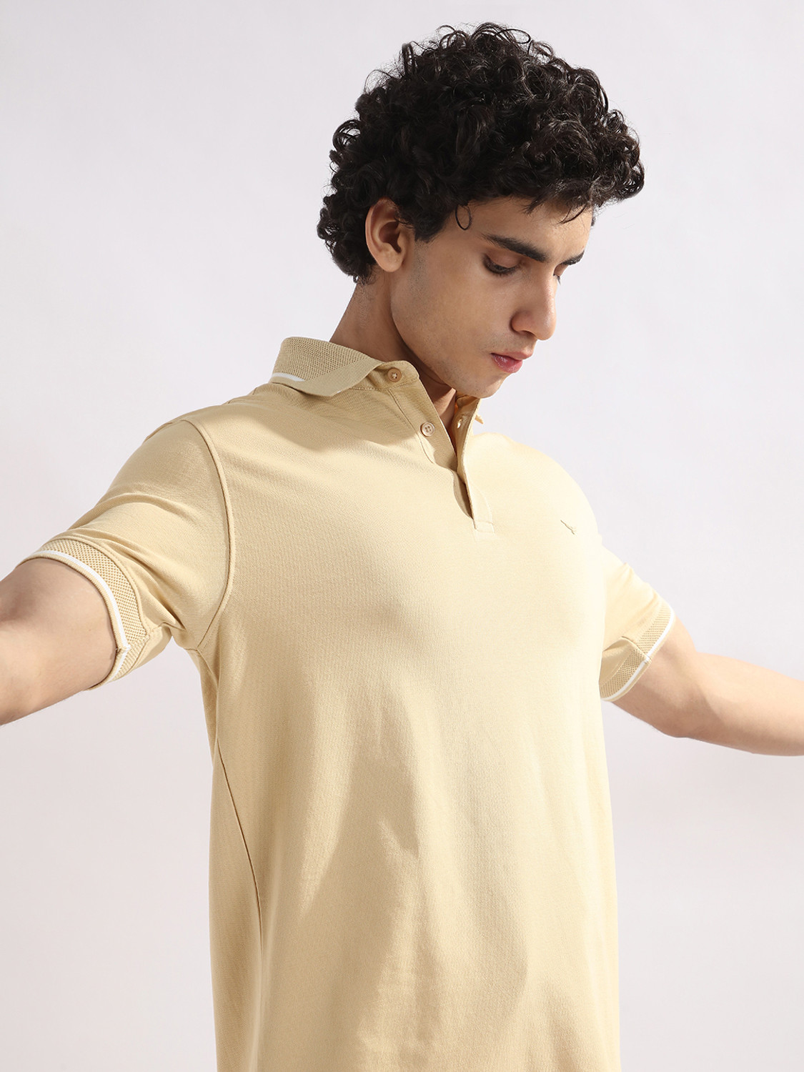 Image of NOBERO Solid Men Polo Neck Beige T-Shirt