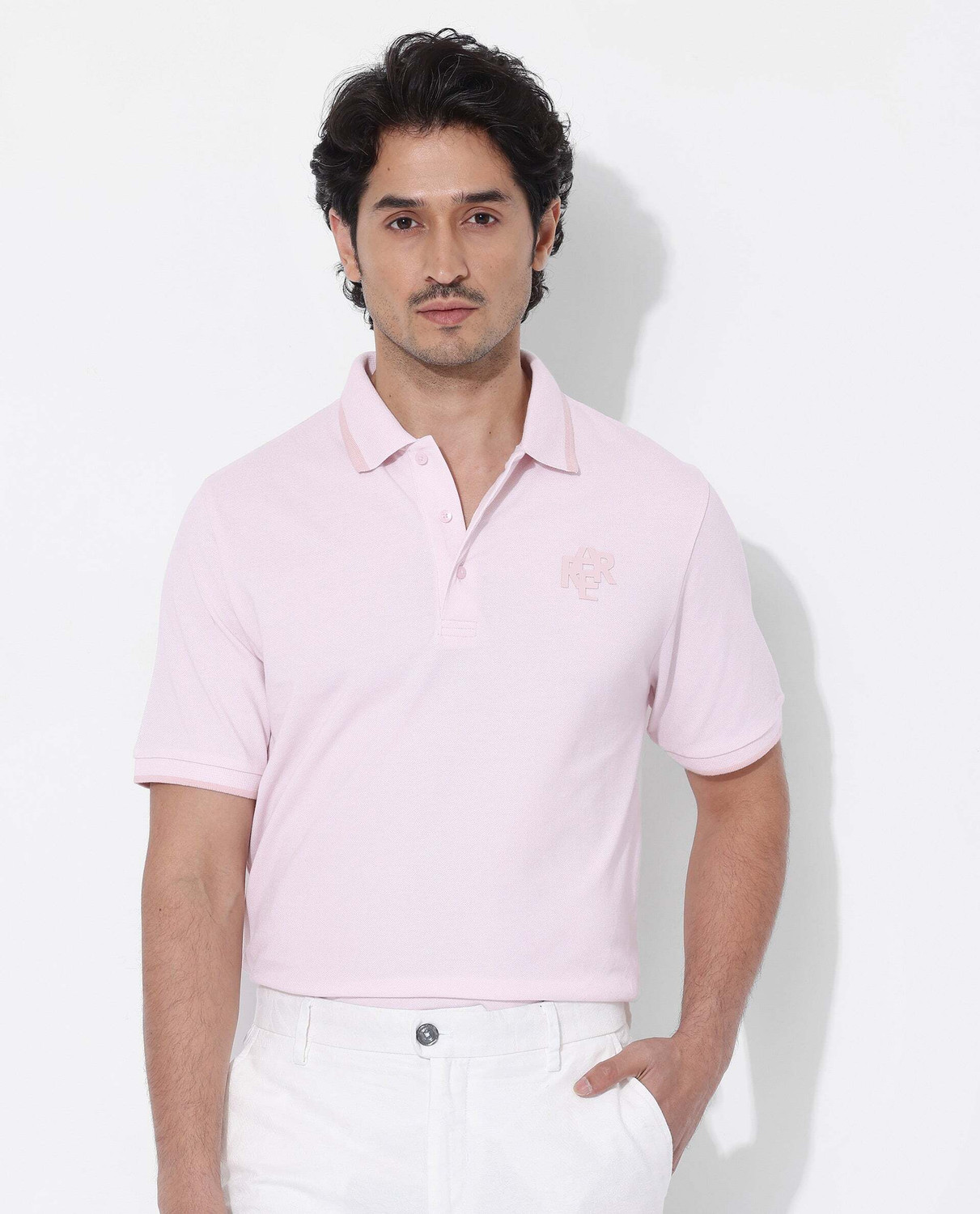 Image of RARE RABBIT Solid Men Polo Neck Pink T-Shirt