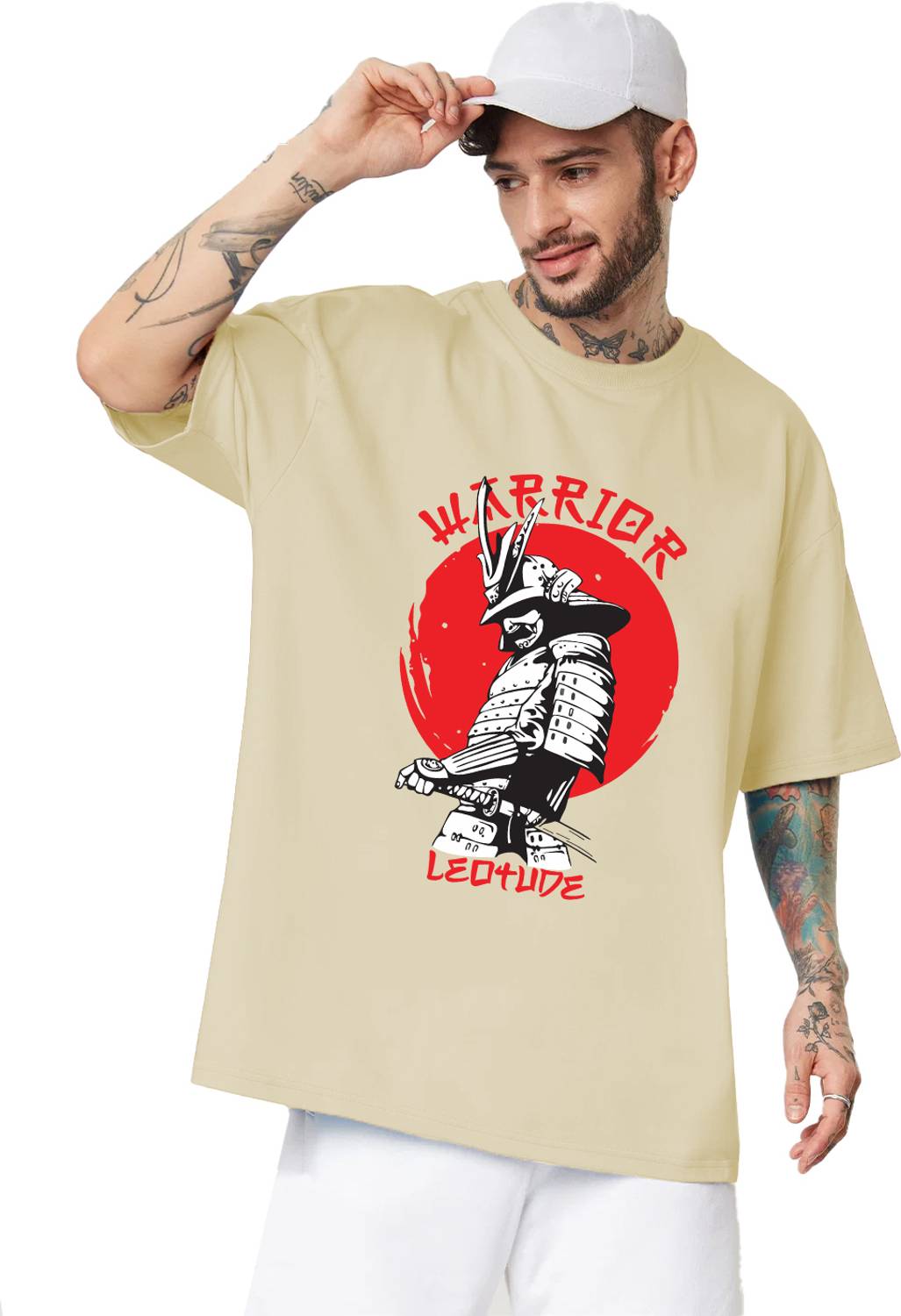Leotude Men Printed, Typography Round Neck Cotton Blend Beige T-S
