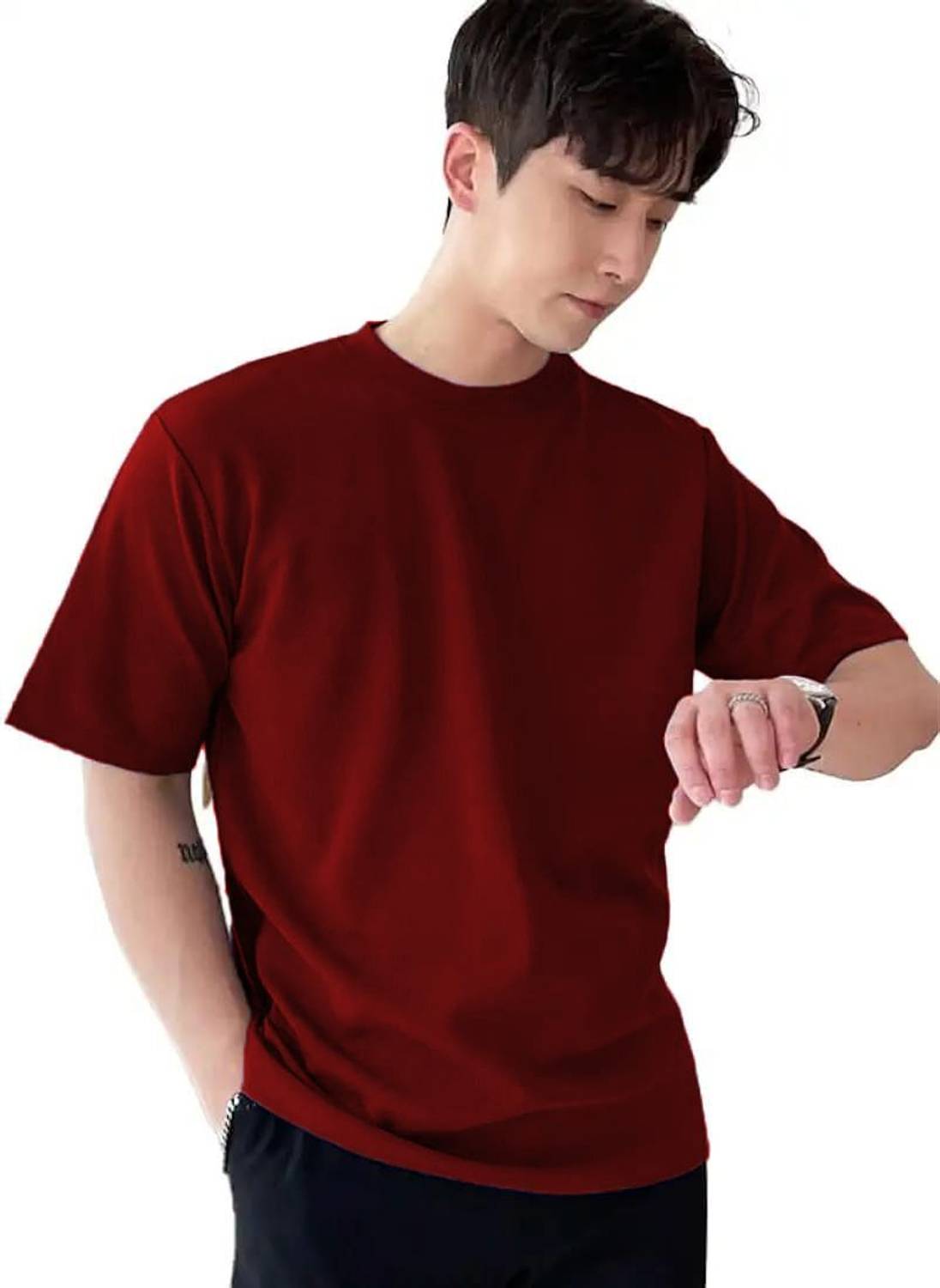 ASHKART TREND Solid Men Round Neck Maroon T-Shirt