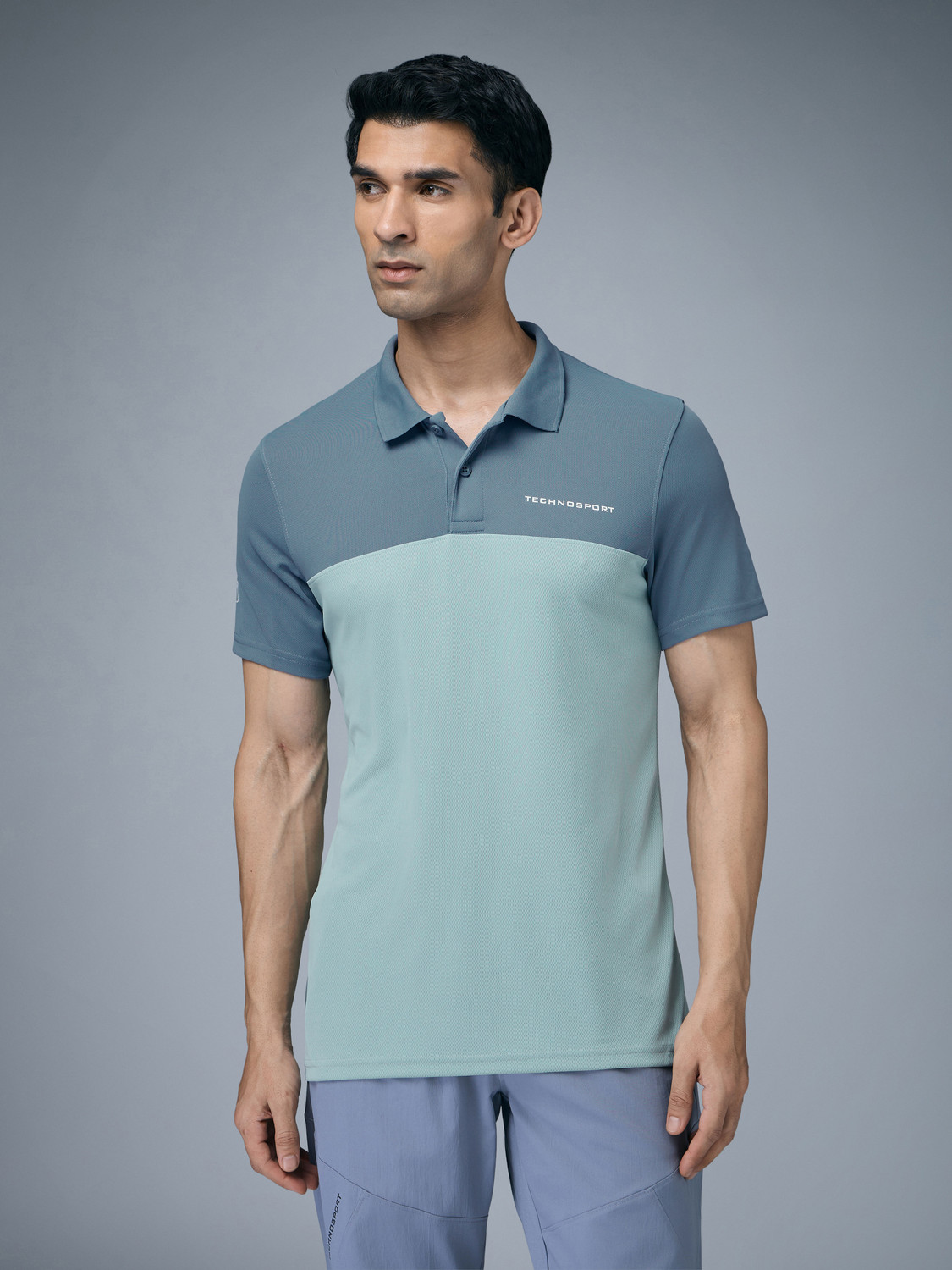 Image of TECHNOSPORT Colorblock Men Polo Neck Grey T-Shirt