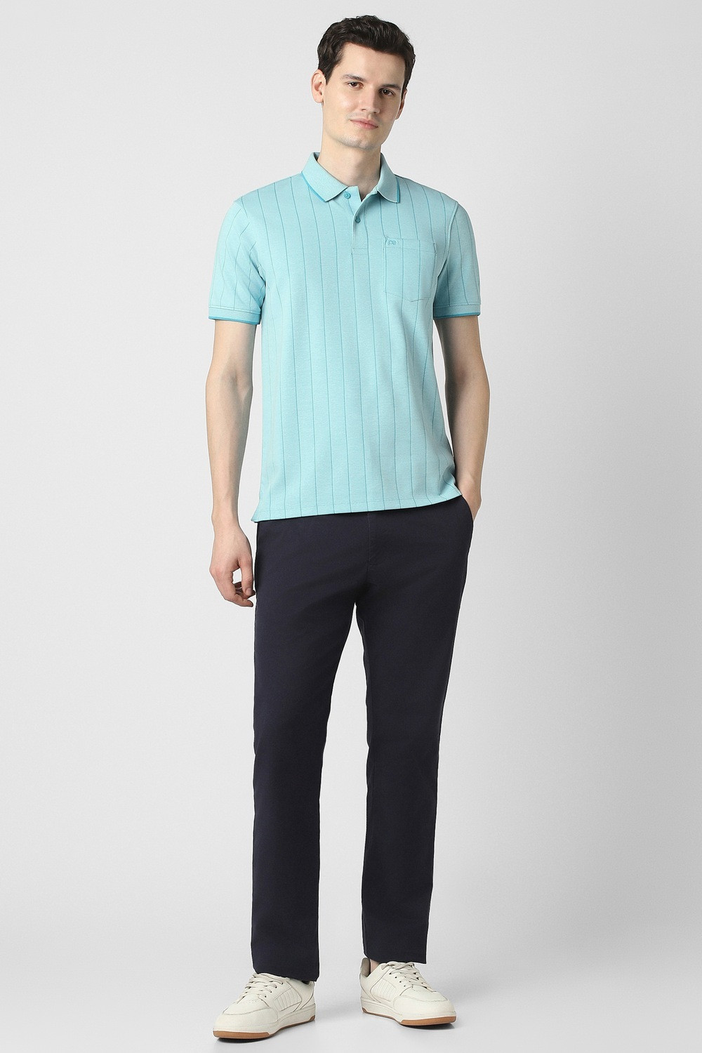Image of PETER ENGLAND Men Striped, Self Design Polo Neck Polycotton Light Blue T-Shirt