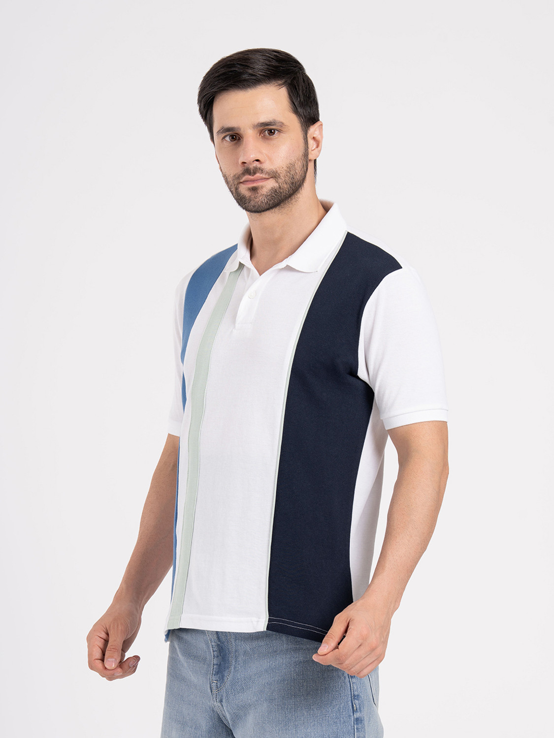 Image of RED TAPE Striped Men Polo Neck White T-Shirt