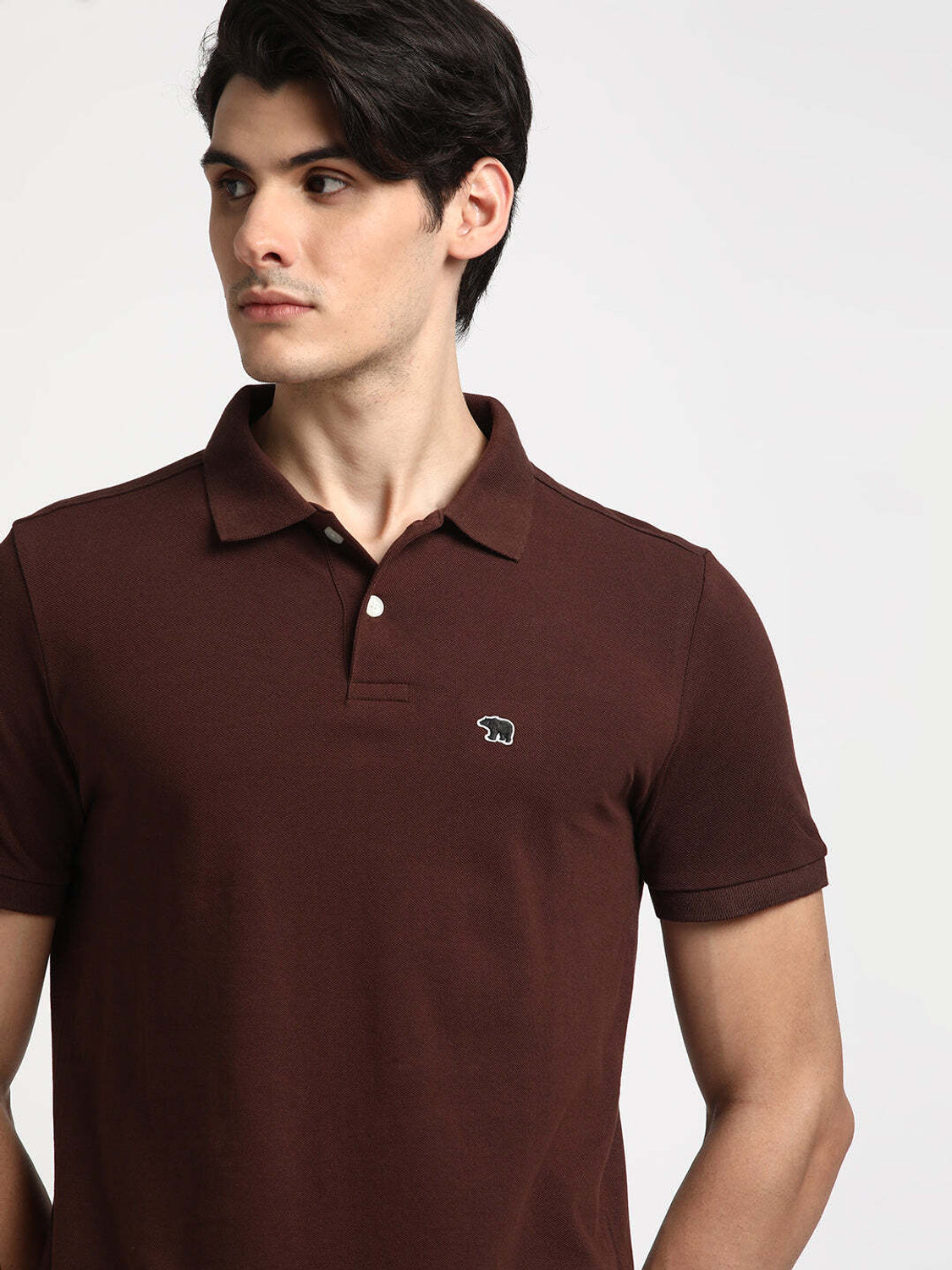 Image of THE BEAR HOUSE Solid Men Polo Neck Brown T-Shirt