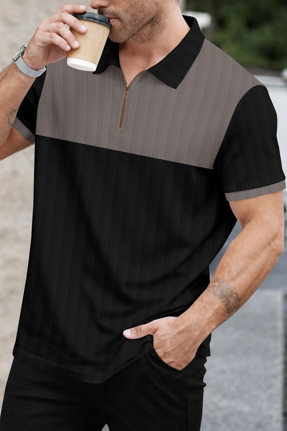 Image of KAJARU Colorblock, Solid Men Polo Neck Grey, Black T-Shirt
