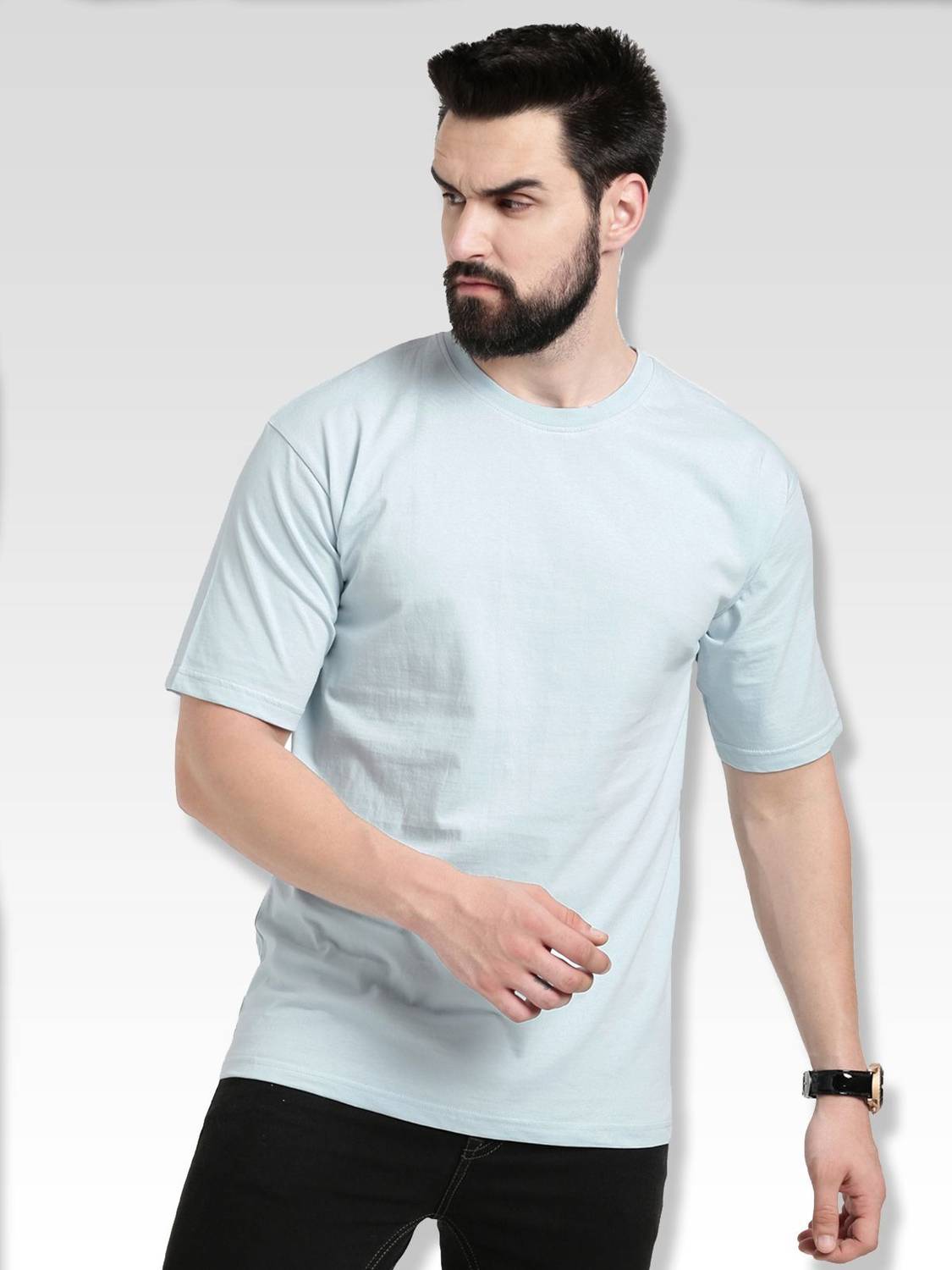 ADRO Solid Men Round Neck Light Blue T-Shirt
