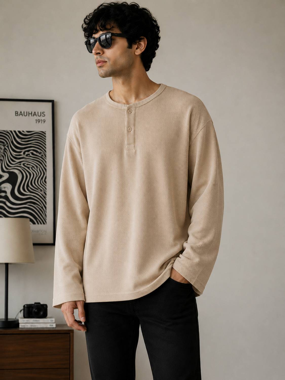 Snazzory Men Henley Neck Beige T-Shirt