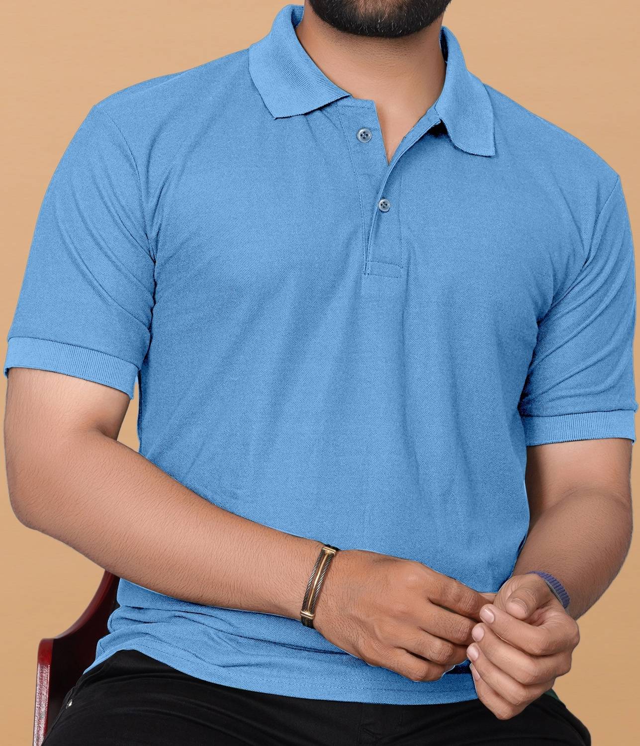 KAJARU Men Solid Polo Neck Polyester Light Blue T-Shirt