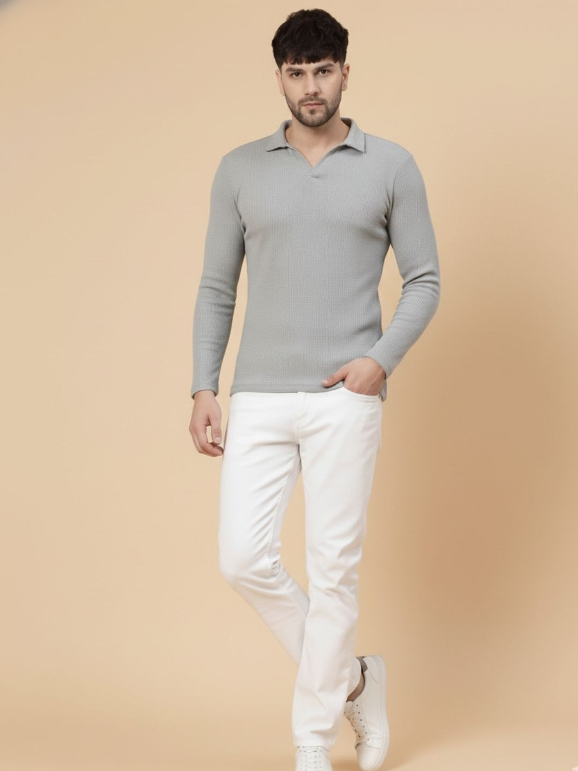 Image of RIGO Self Design Men Polo Neck Grey T-Shirt
