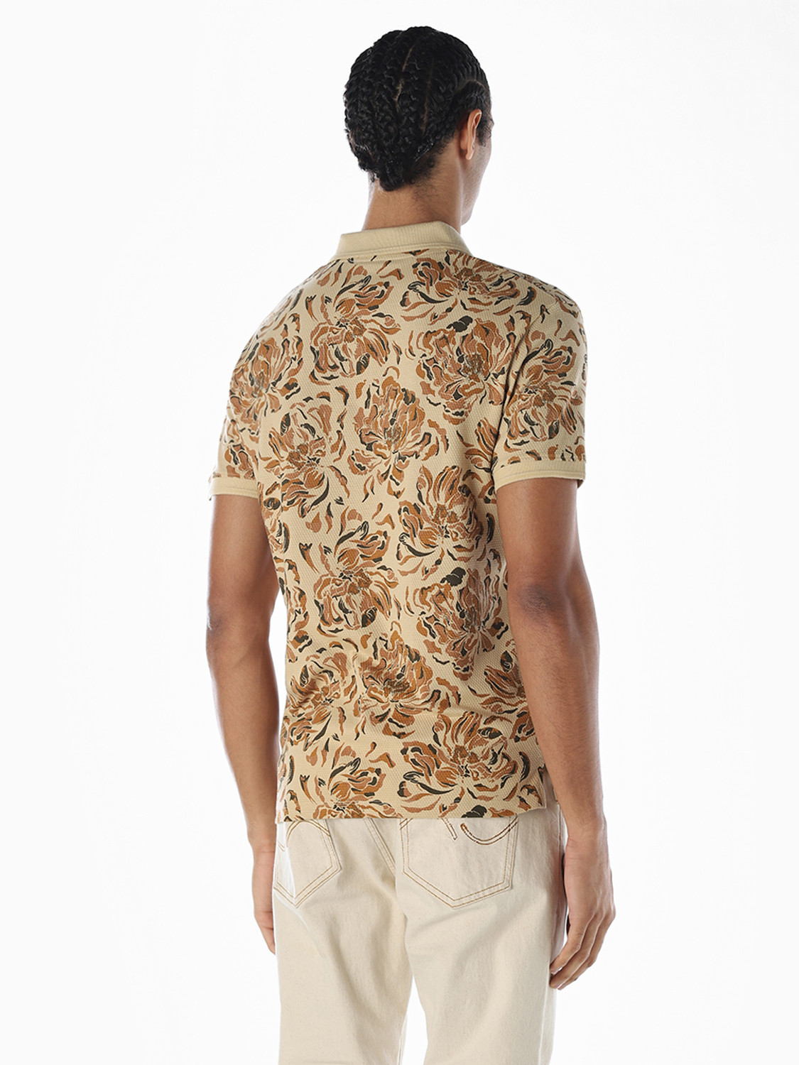 Image of JACK & JONES Men Printed Polo Neck Cotton Blend Beige T-Shirt