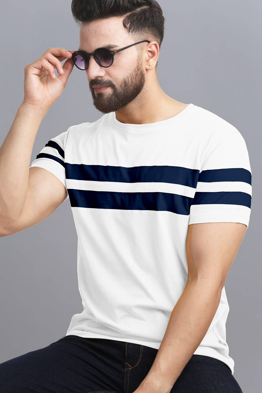 AUSK Men Striped Round Neck Cotton Blend White, Dark Blue T-Shirt