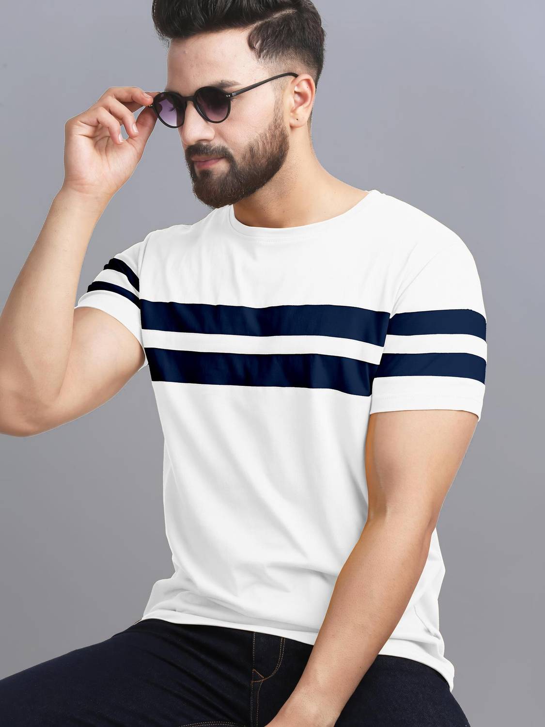 AUSK Striped Men Round Neck White, Dark Blue T-Shirt