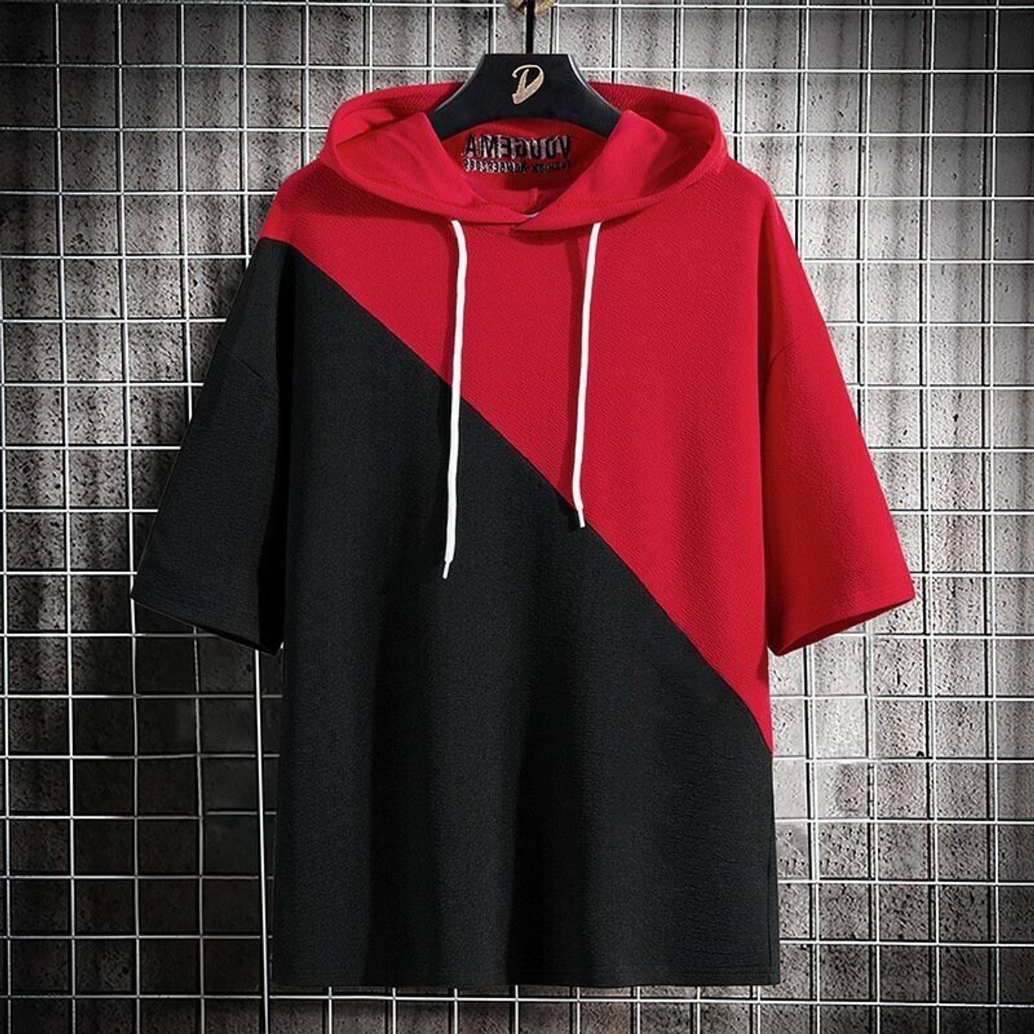 Try This Men Colorblock Hooded Neck Cotton Blend Red T-Shirt
