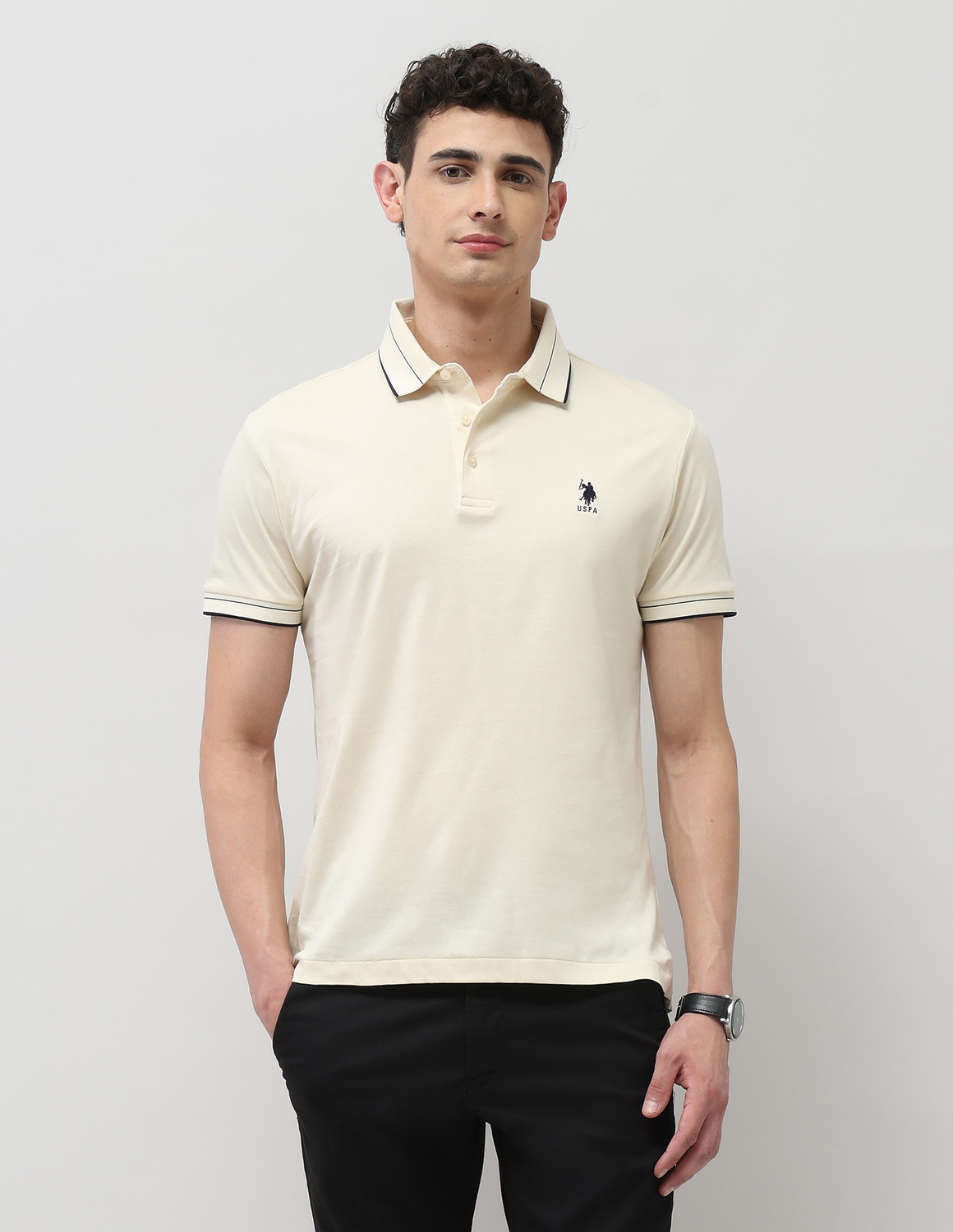Image of U.S. POLO ASSN. Solid Men Polo Neck Beige T-Shirt