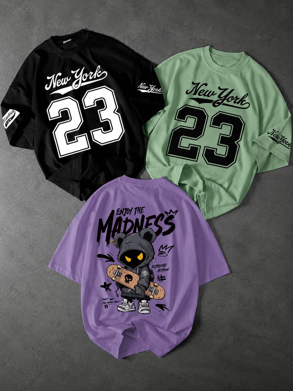Pack of 3 Men Graphic Print Round Neck Polycotton Black, Green, Purple T-Shirt - Image 1
