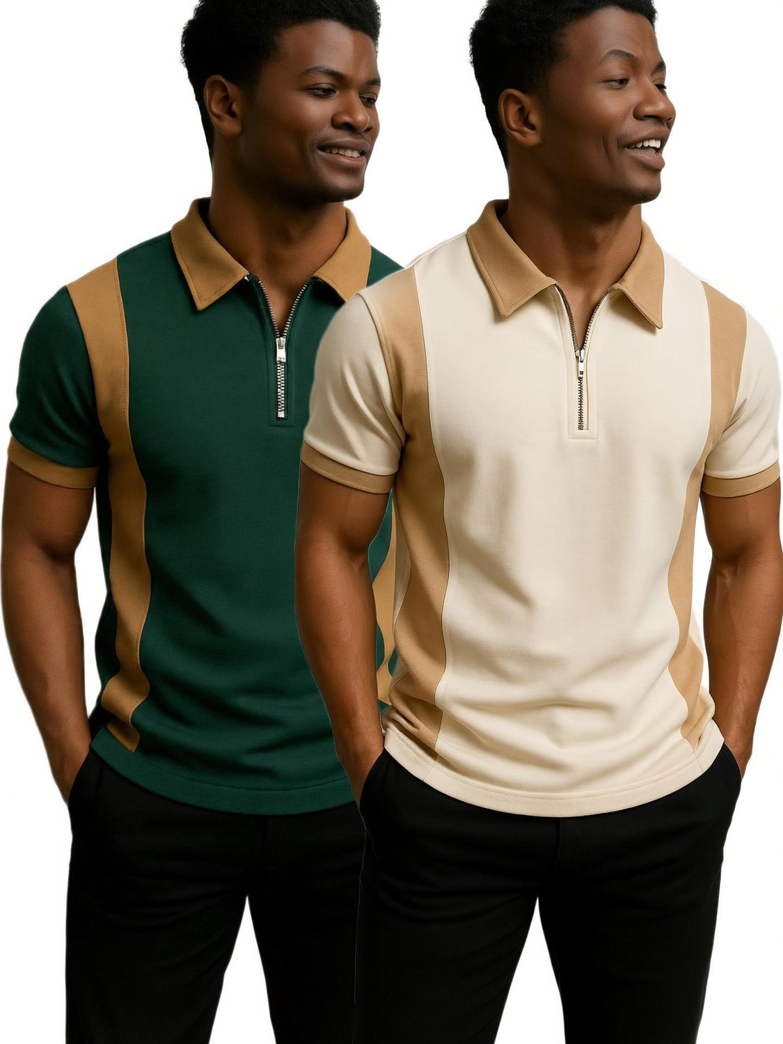 Image of Try This Colorblock Men Zip Neck Dark Green, White T-Shirt