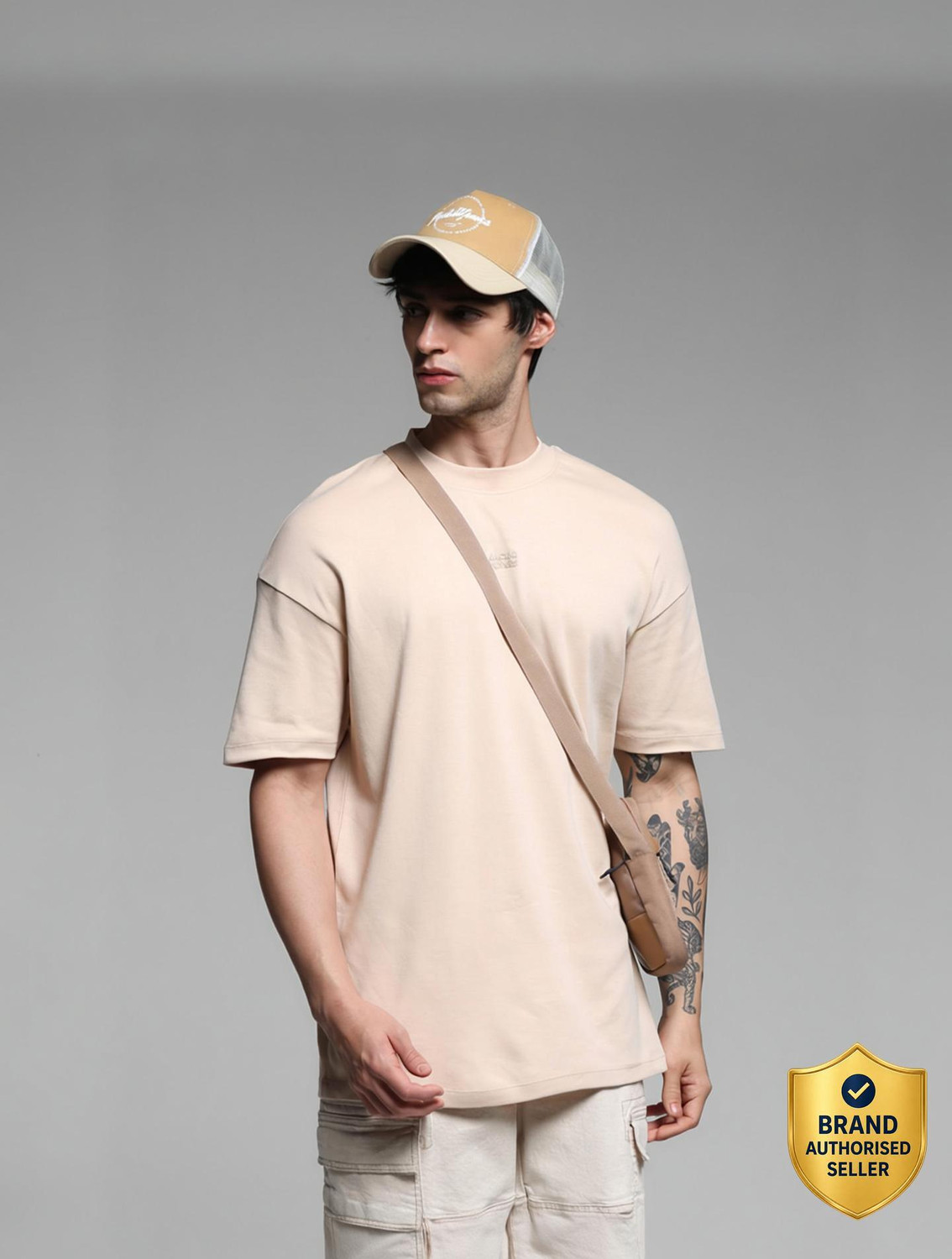 JACK & JONES Solid Men Round Neck Beige T-Shirt
