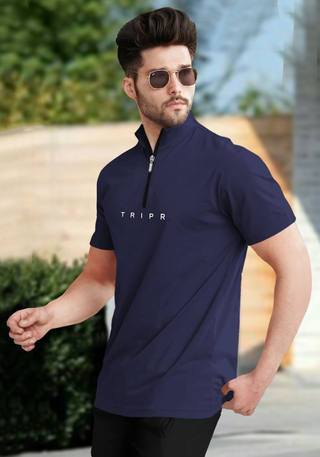 Image of TRIPR Printed Men Mandarin Collar Navy Blue T-Shirt