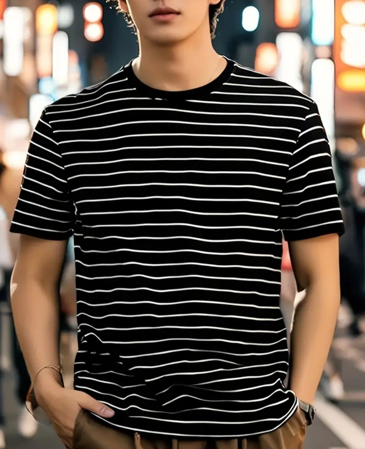 Image of Smart Colors Striped Men Round Neck Black T-Shirt