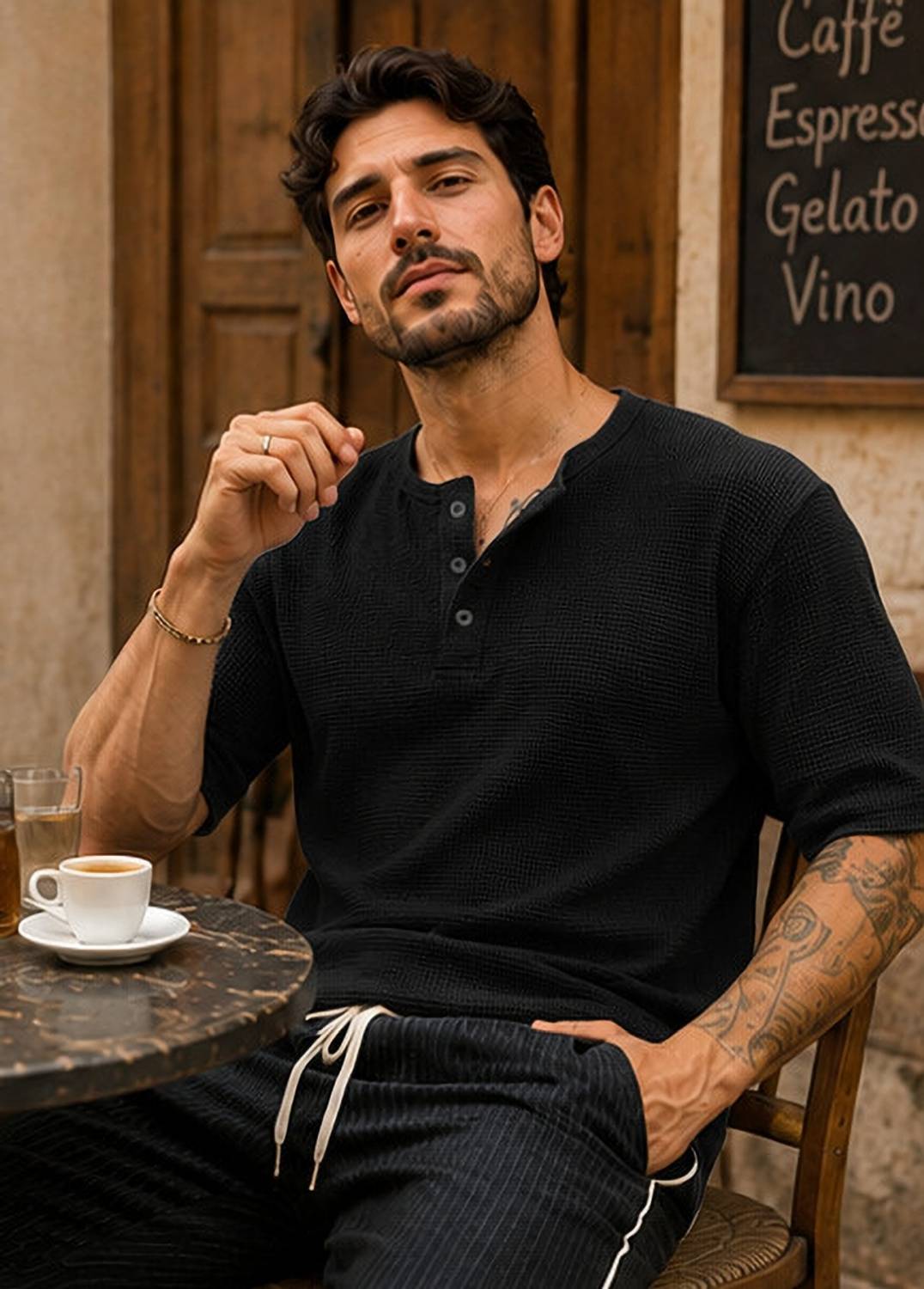 HOODLER Men Henley Neck Black T-Shirt - Image 3