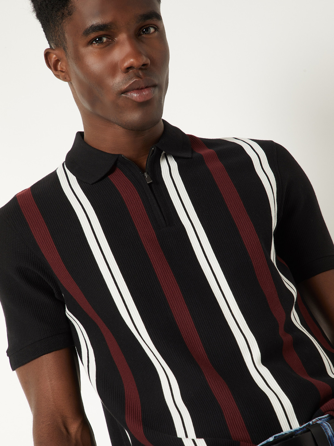 Image of MAX Striped Men Polo Neck Black T-Shirt