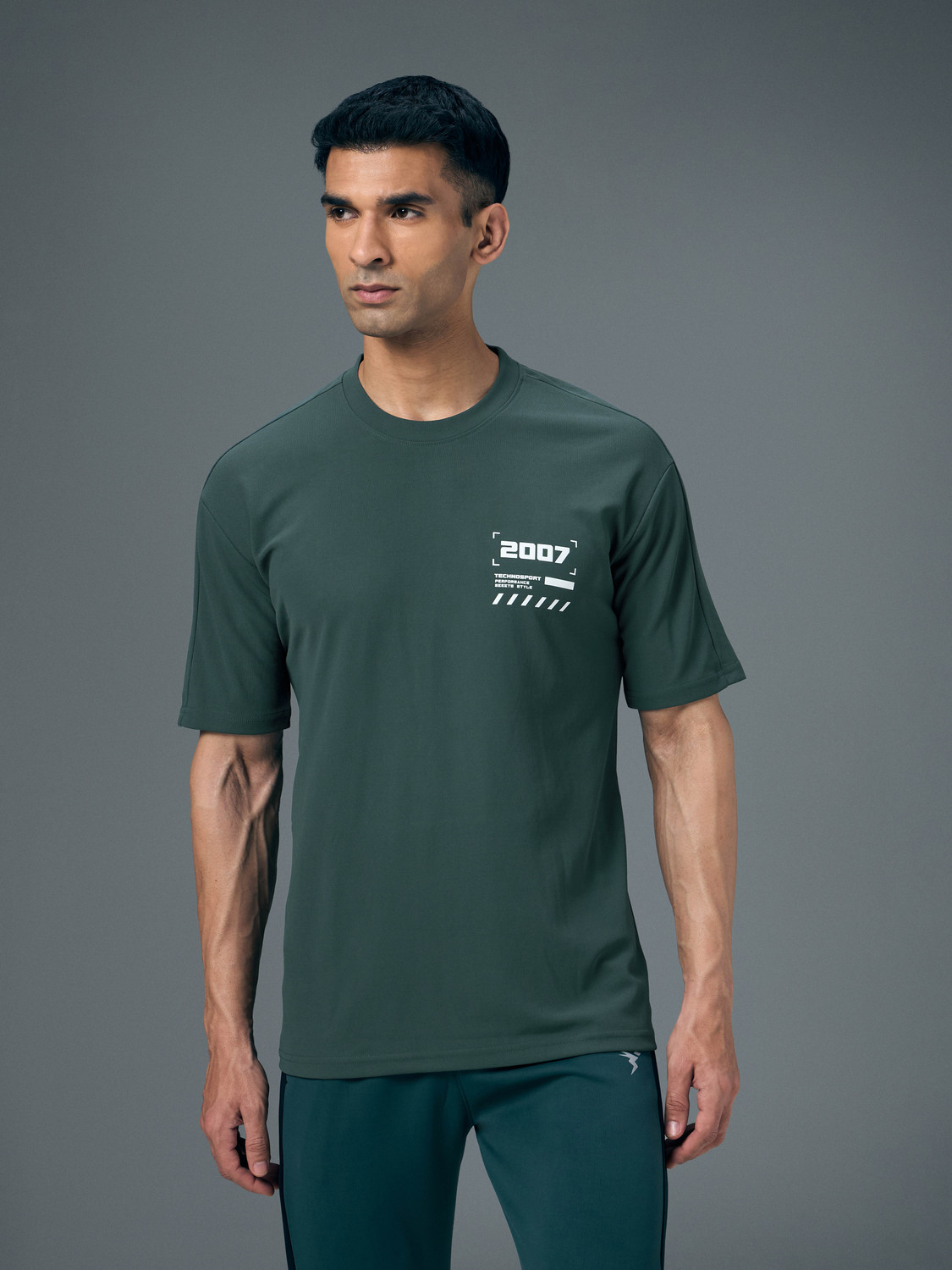 Image of TECHNOSPORT Sporty Men Round Neck Green T-Shirt