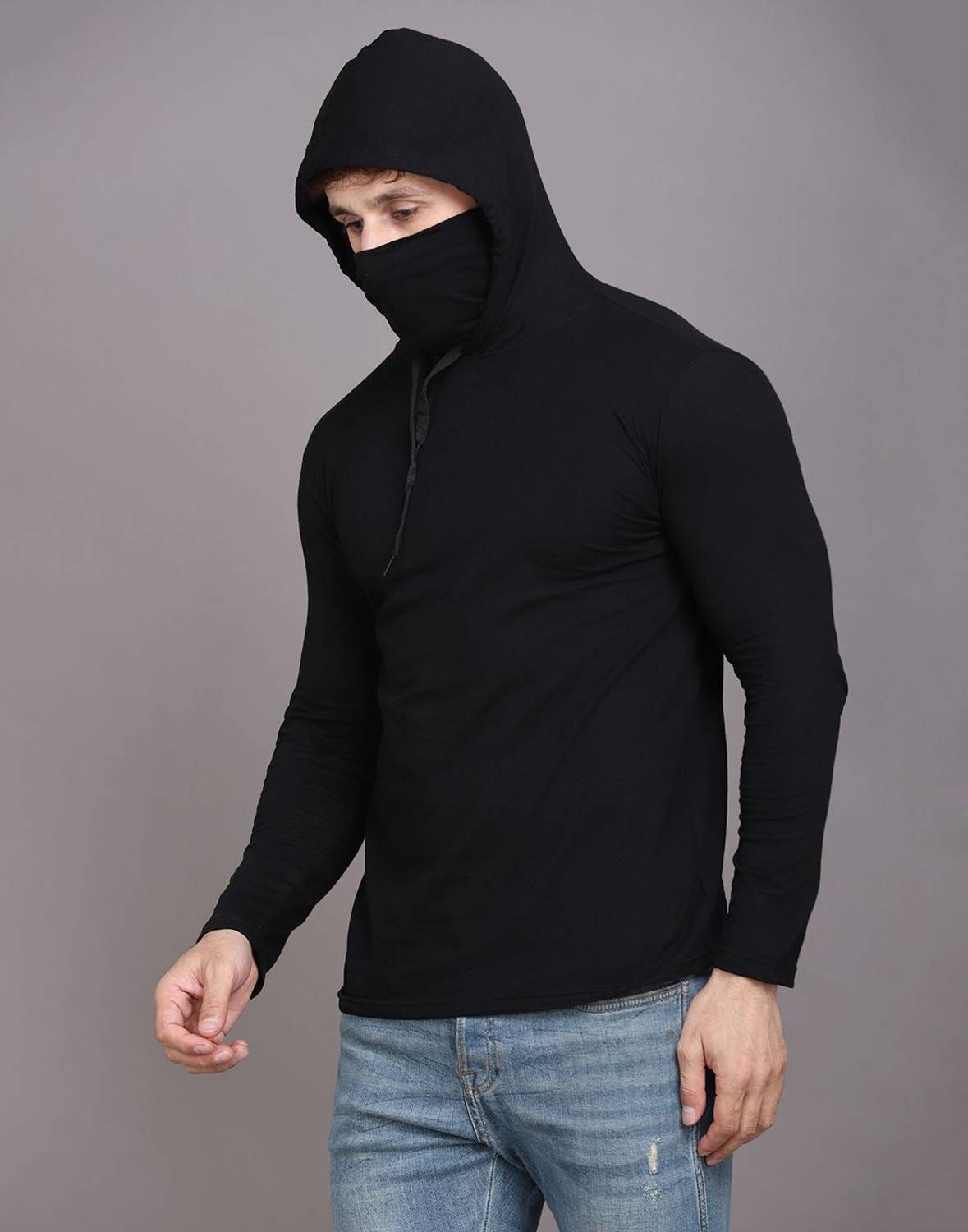 Teacherfab Solid Men Hooded Neck Black T-Shirt