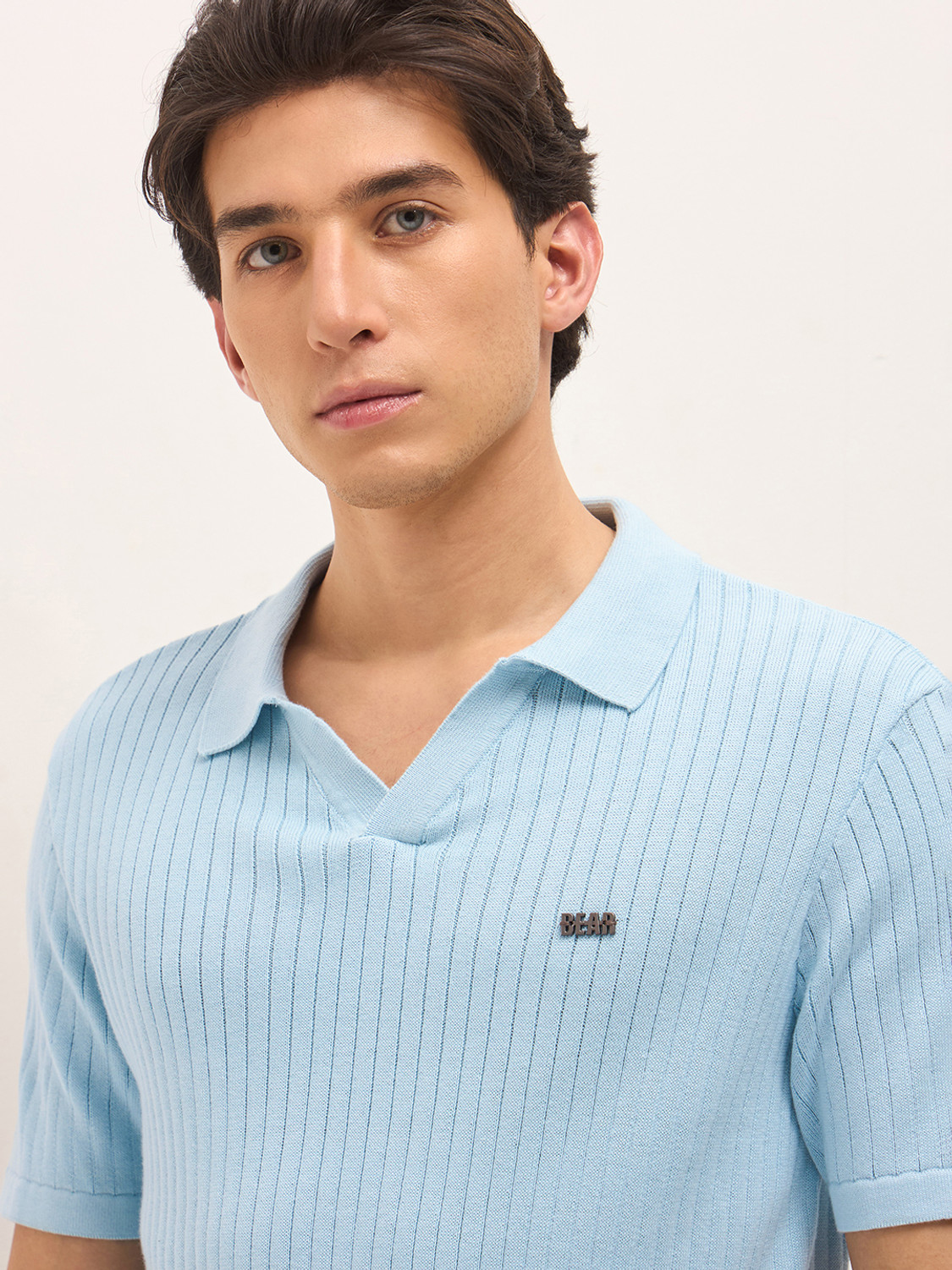 Image of THE BEAR HOUSE Striped Men Polo Neck Blue T-Shirt