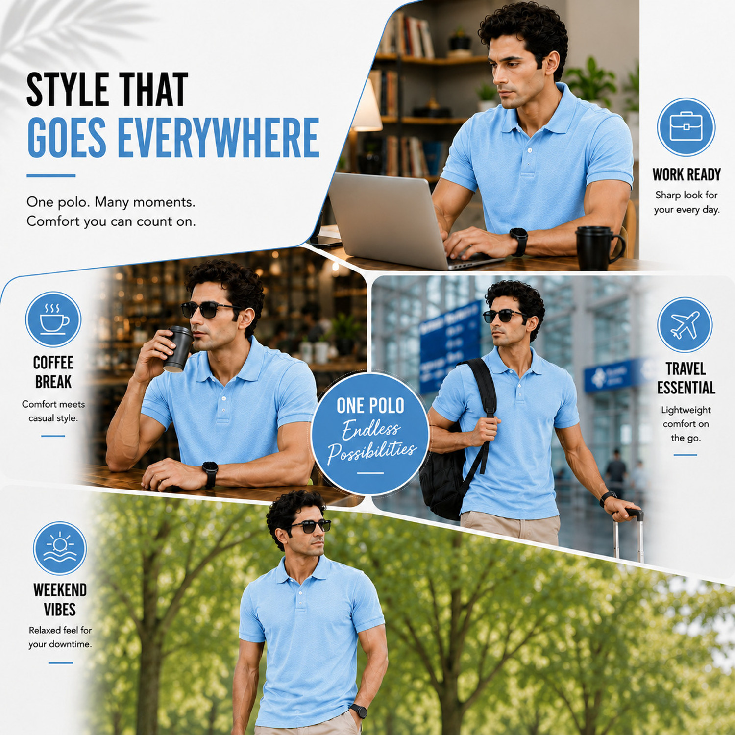 Image of lifestyle by Fadiction Men Solid Polo Neck Polyester Light Blue T-Shirt