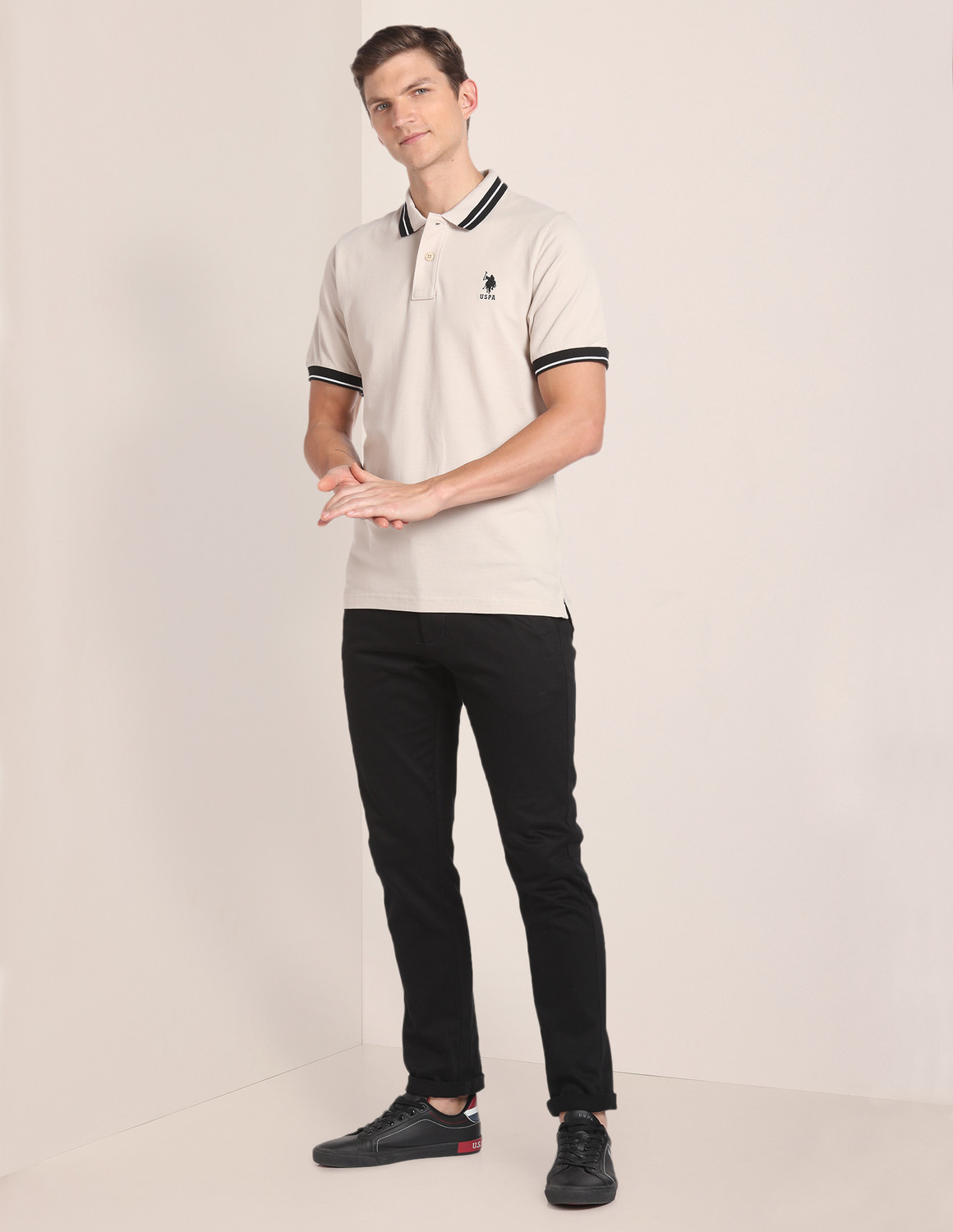 Image of U.S. POLO ASSN. Solid Men Polo Neck Beige T-Shirt