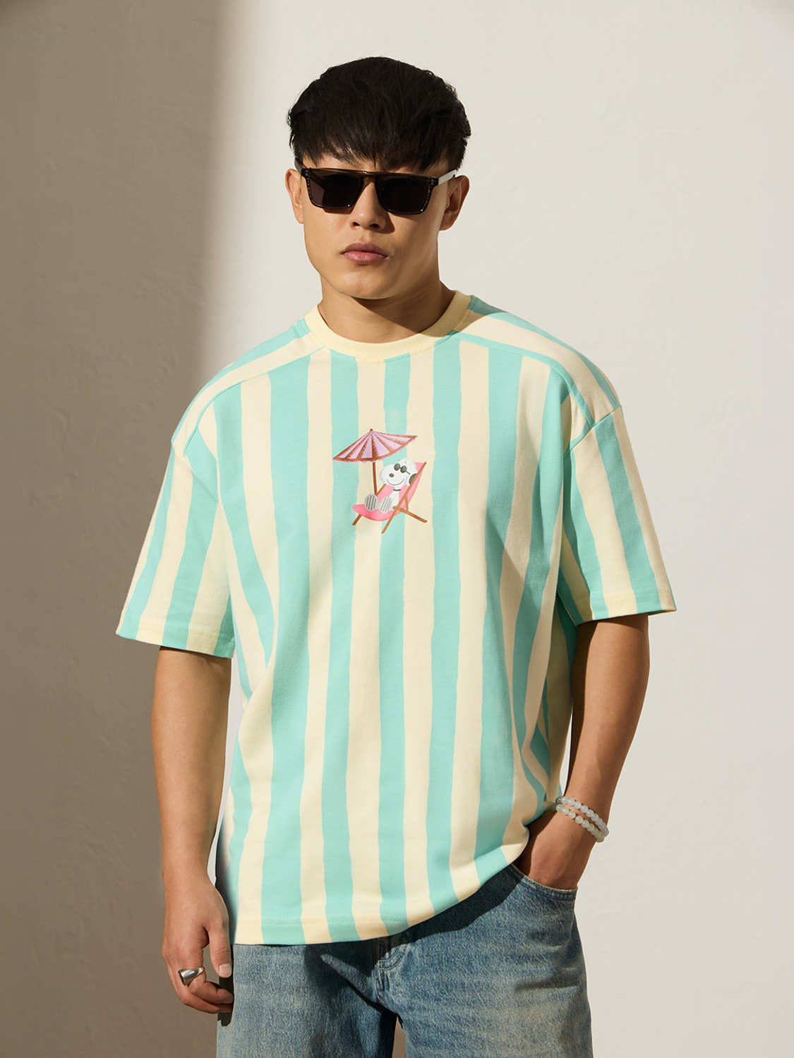 Image of The Souled Store Striped Men Round Neck Light Green T-Shirt