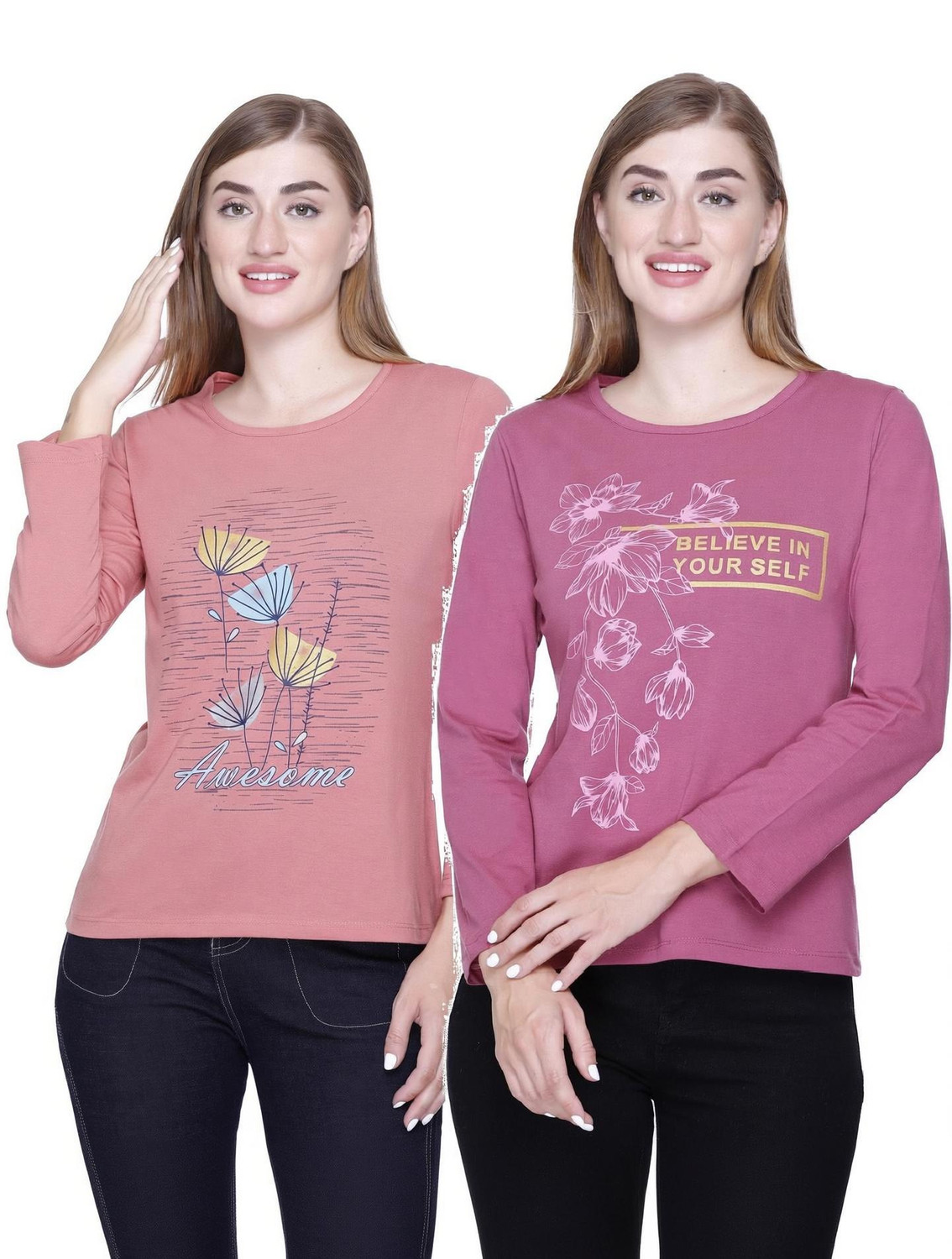 Star Touch Graphic Print Women Round Neck Pink T-Shirt