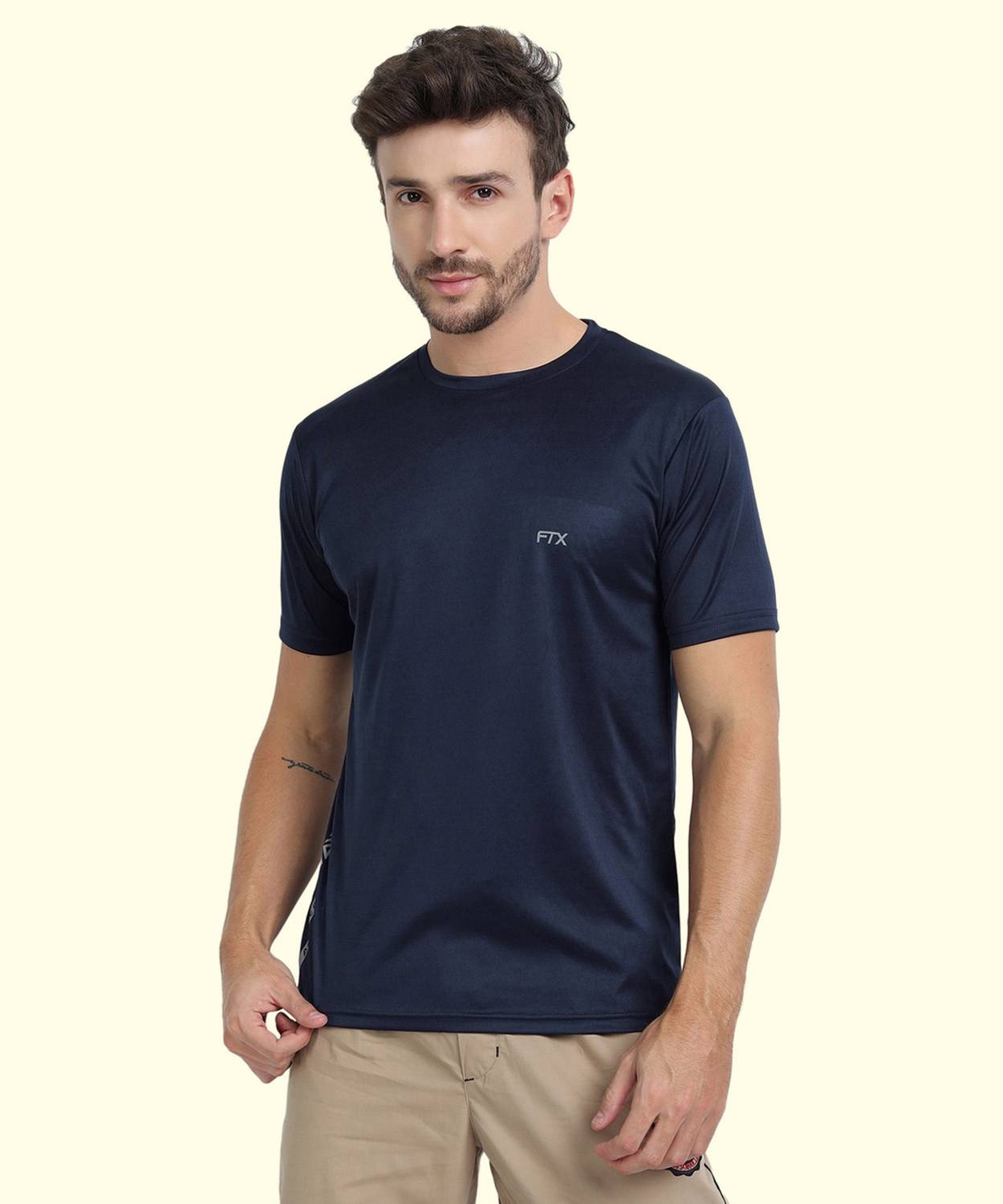 FTX Men Solid Round Neck Polyester Blue T-Shirt