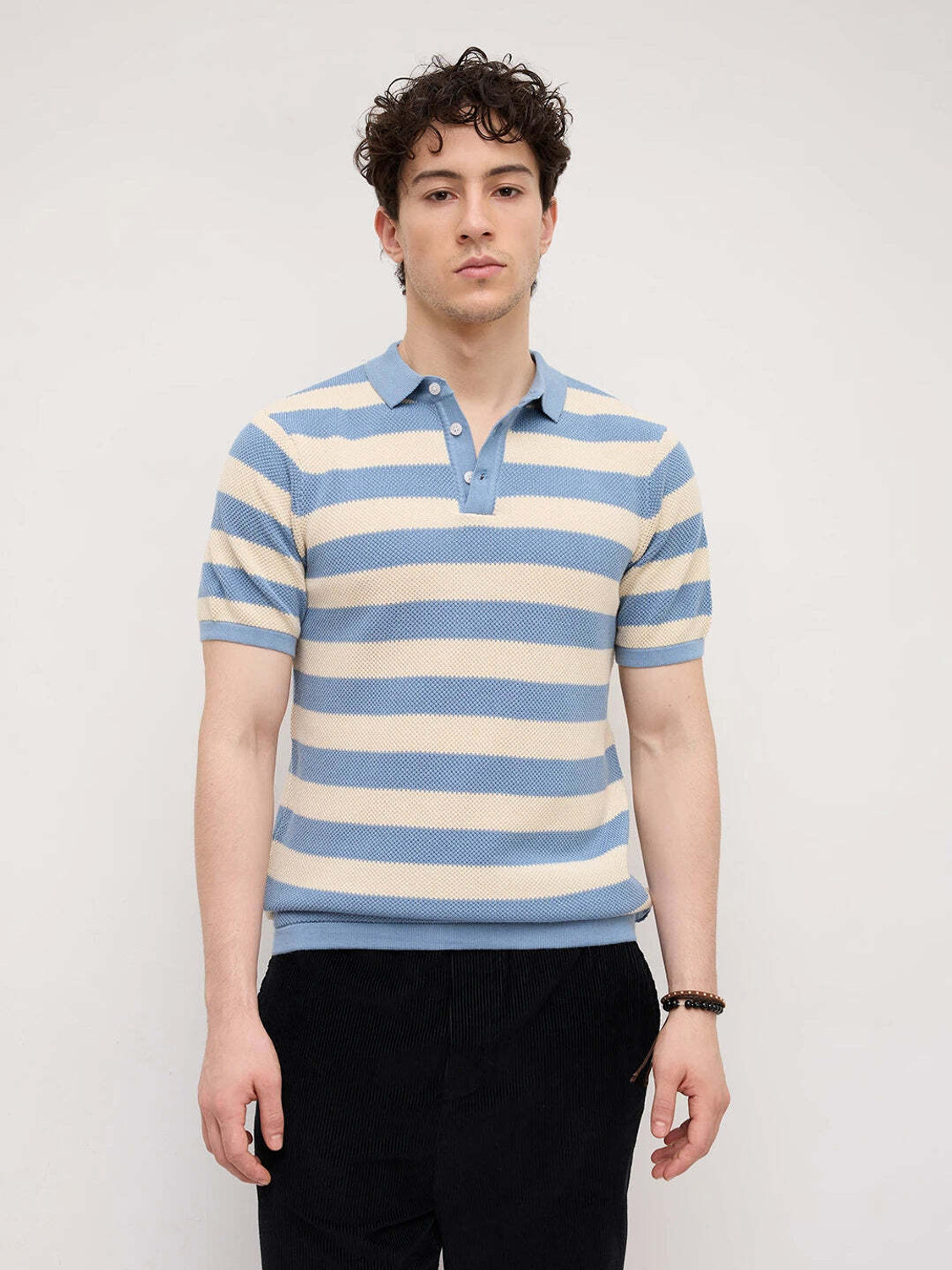 Image of VASTRADO Striped Men Polo Neck Blue T-Shirt