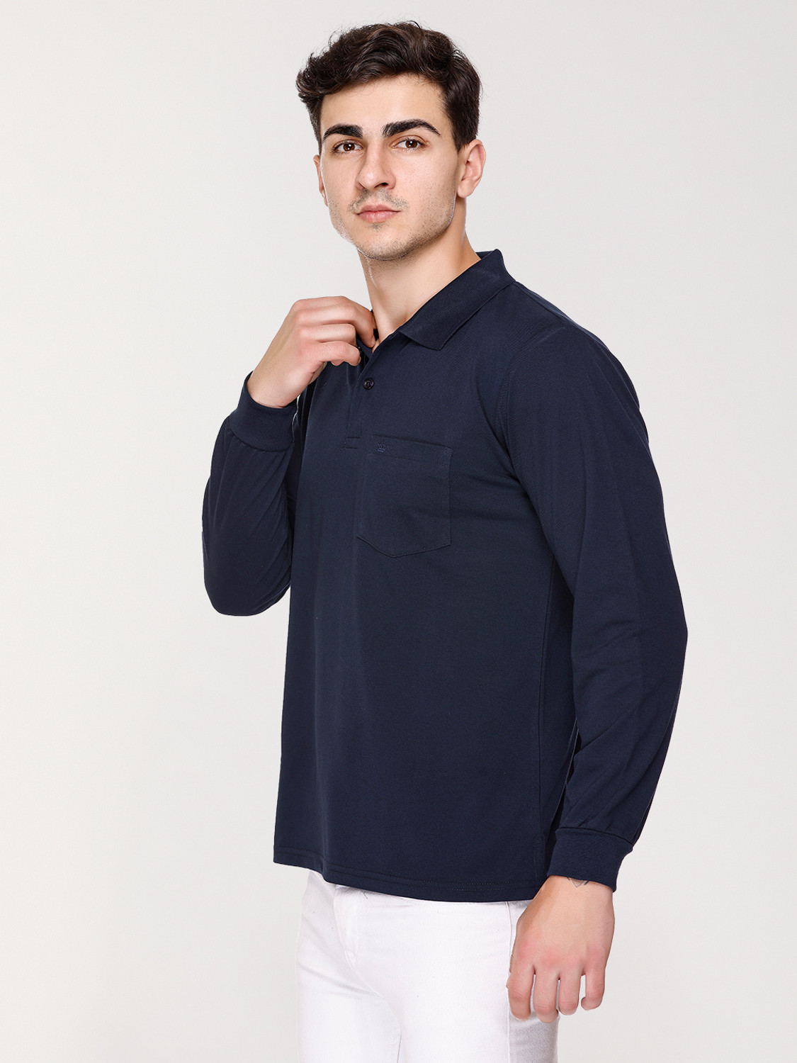 Image of ARRAY Solid Men Polo Neck Navy Blue T-Shirt