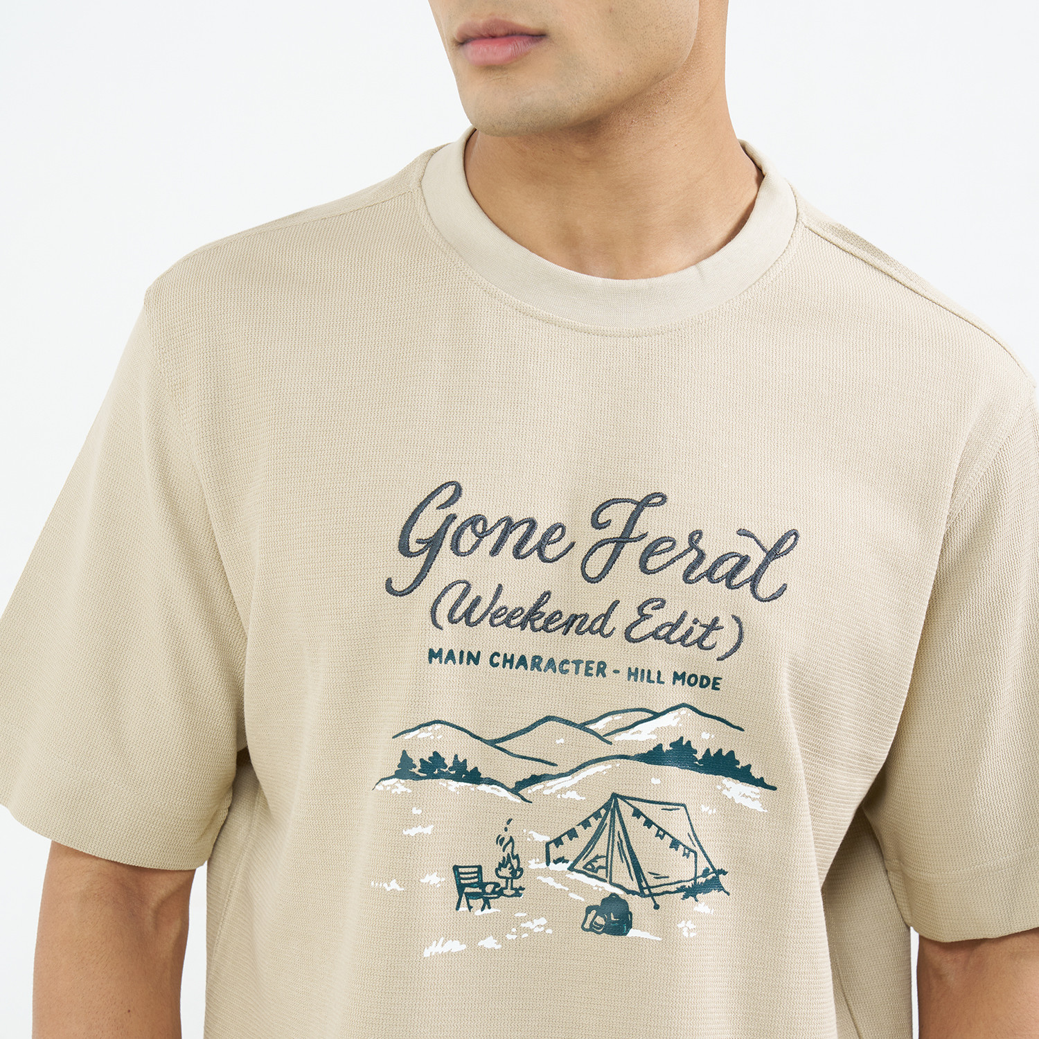 Image of SF Jeans by Pantaloons Men Embroidered Round Neck Pure Cotton Beige T-Shirt