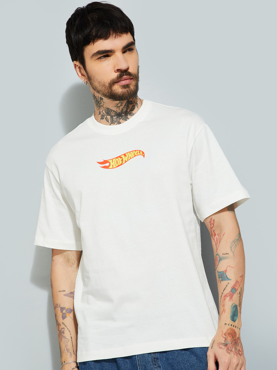 Image of MAX Printed Men Round Neck White T-Shirt