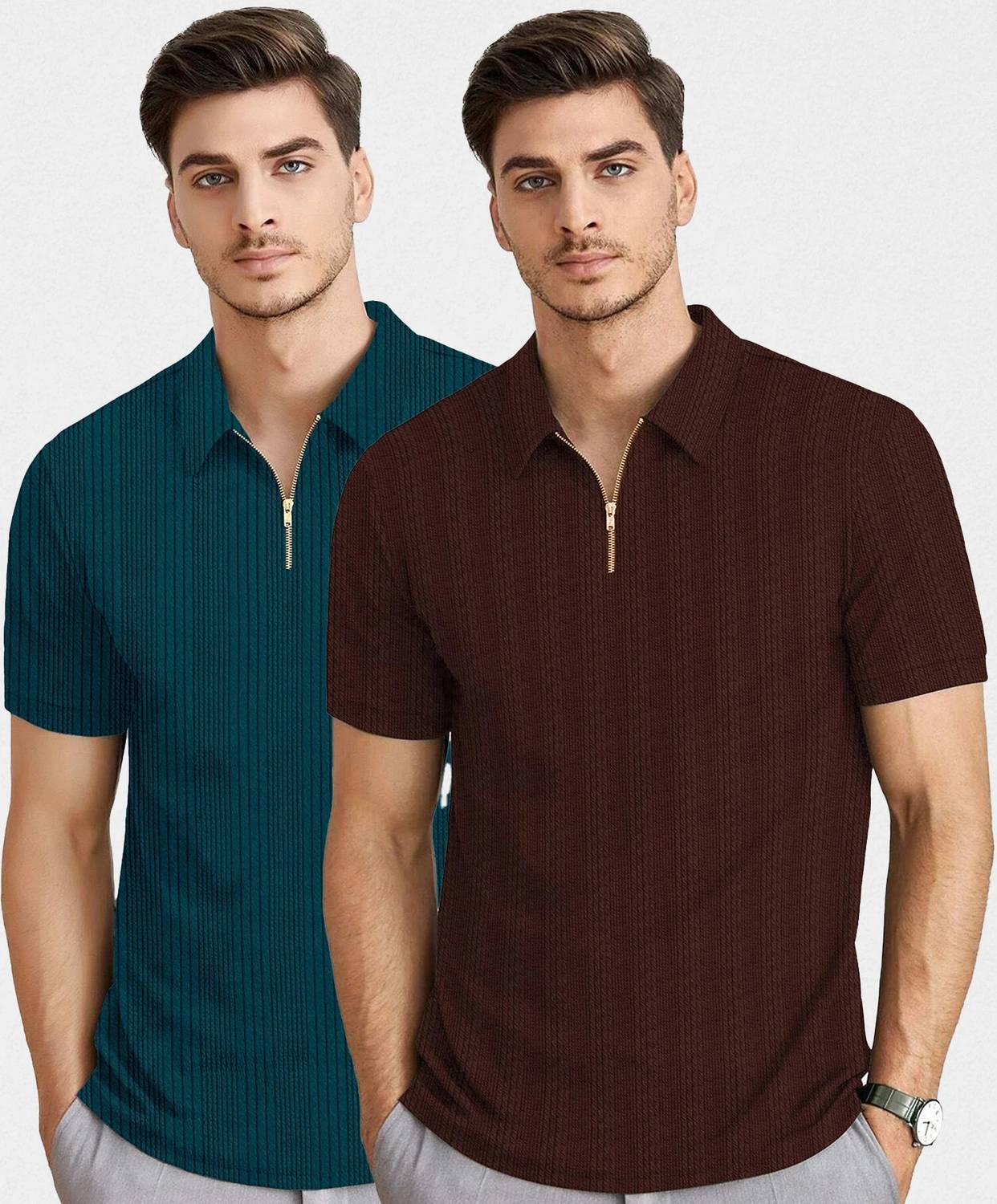KAJARU Pack of 2 Men Self Design Polo Neck Polyester Dark Green,