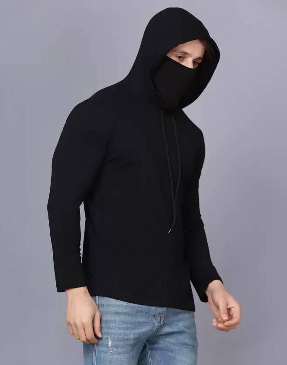 URE Enterprises Men Solid Hooded Neck Cotton Blend Black T-Shirt