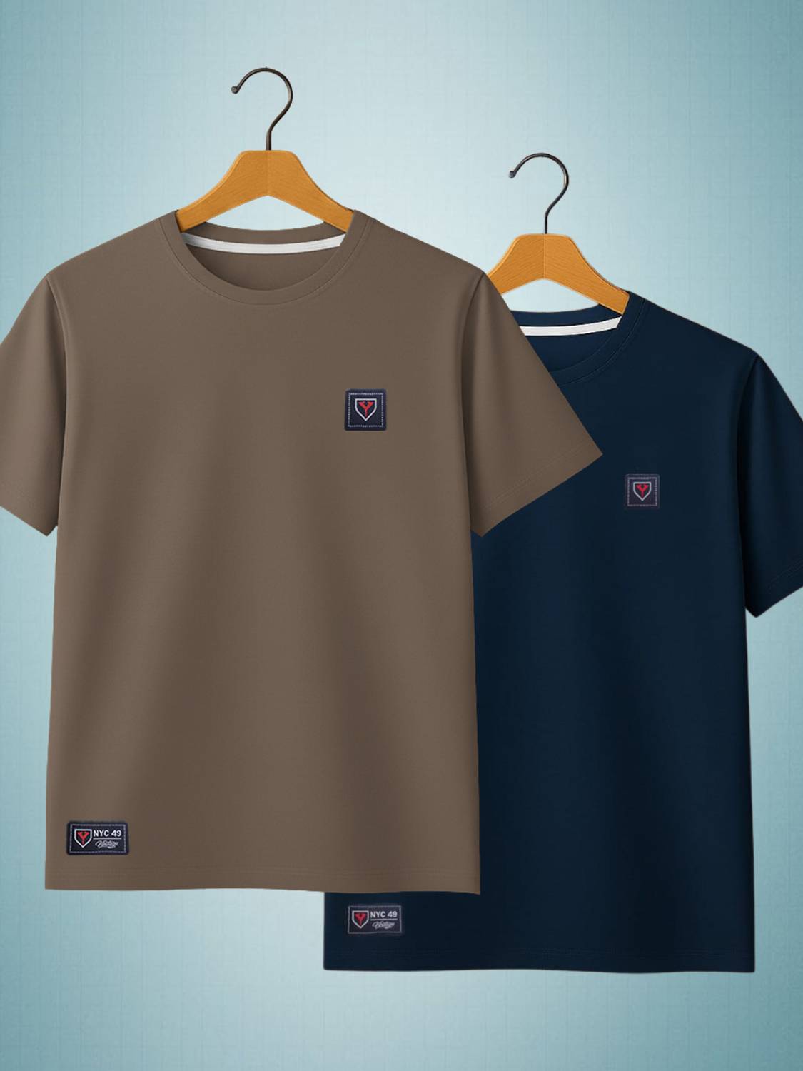 Yazole Pack of 2 Men Solid Round Neck Polycotton Brown, Navy Blue