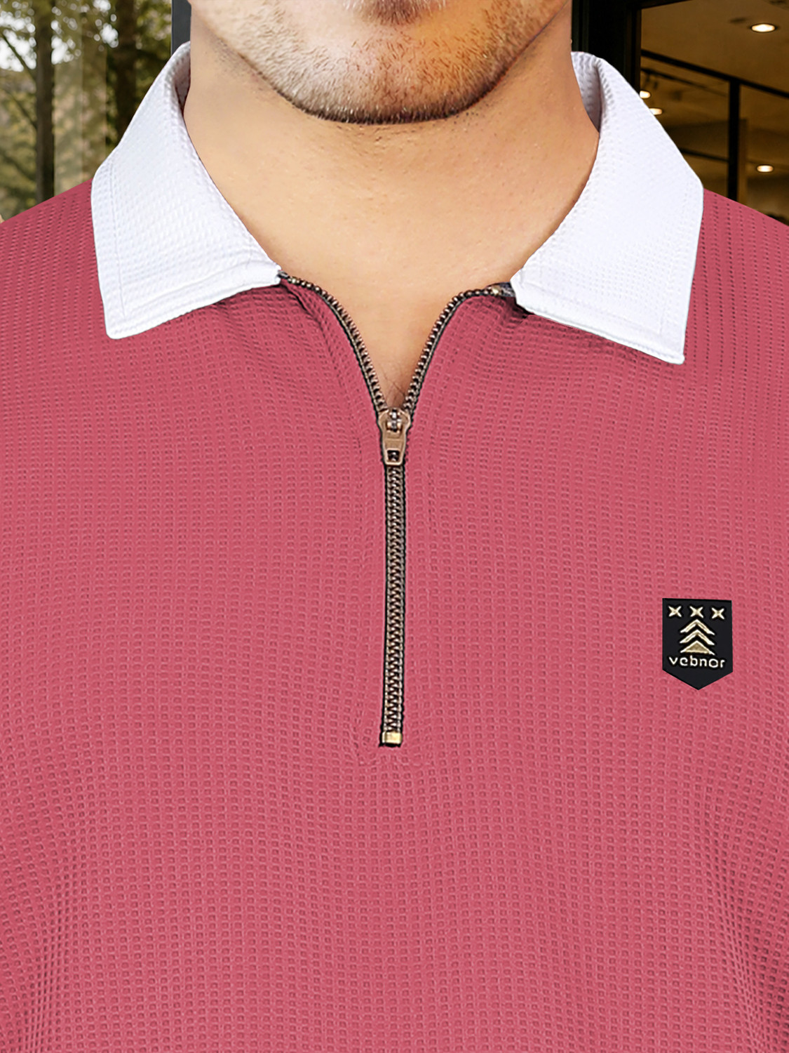 Image of VeBNoR Self Design Men Zip Neck Pink T-Shirt
