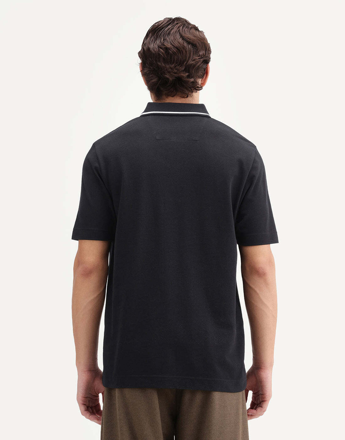 Image of RARE RABBIT Men Solid Polo Neck Cotton Blend Black T-Shirt