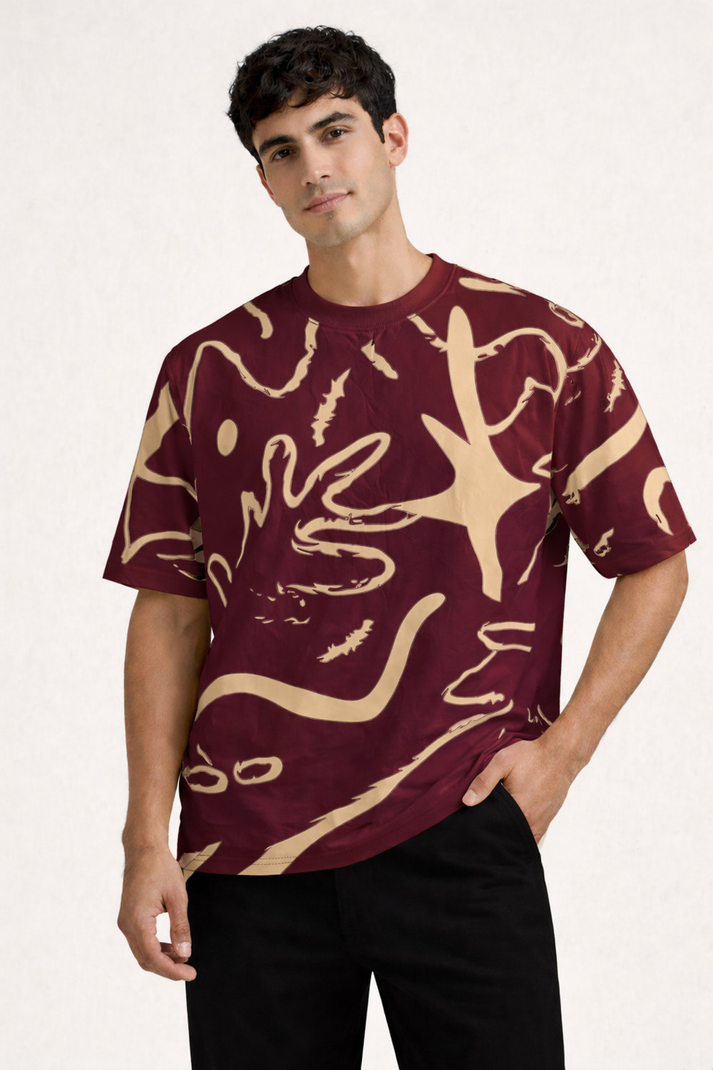 Image of Crazybee Printed Men Round Neck Maroon T-Shirt