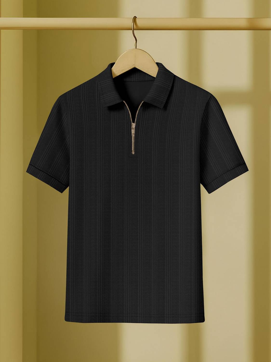 KAJARU Men Zip Neck Black T-Shirt