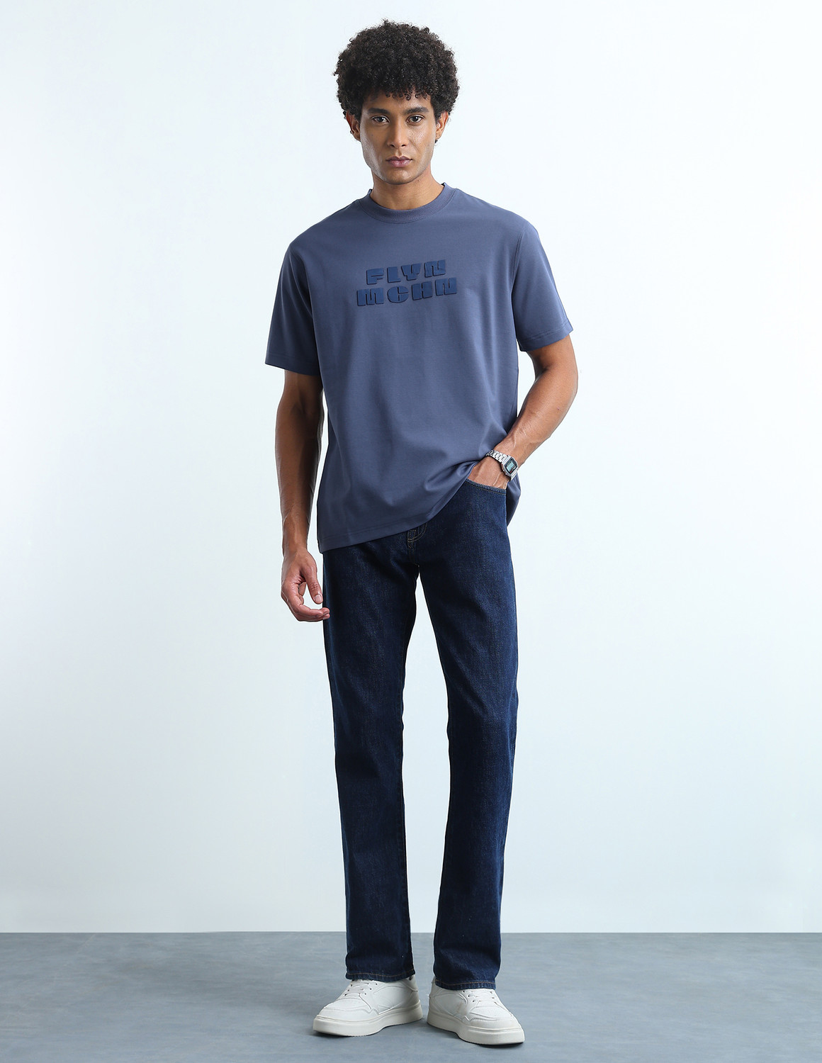 Image of FLYING MACHINE Typography Men Round Neck Blue T-Shirt