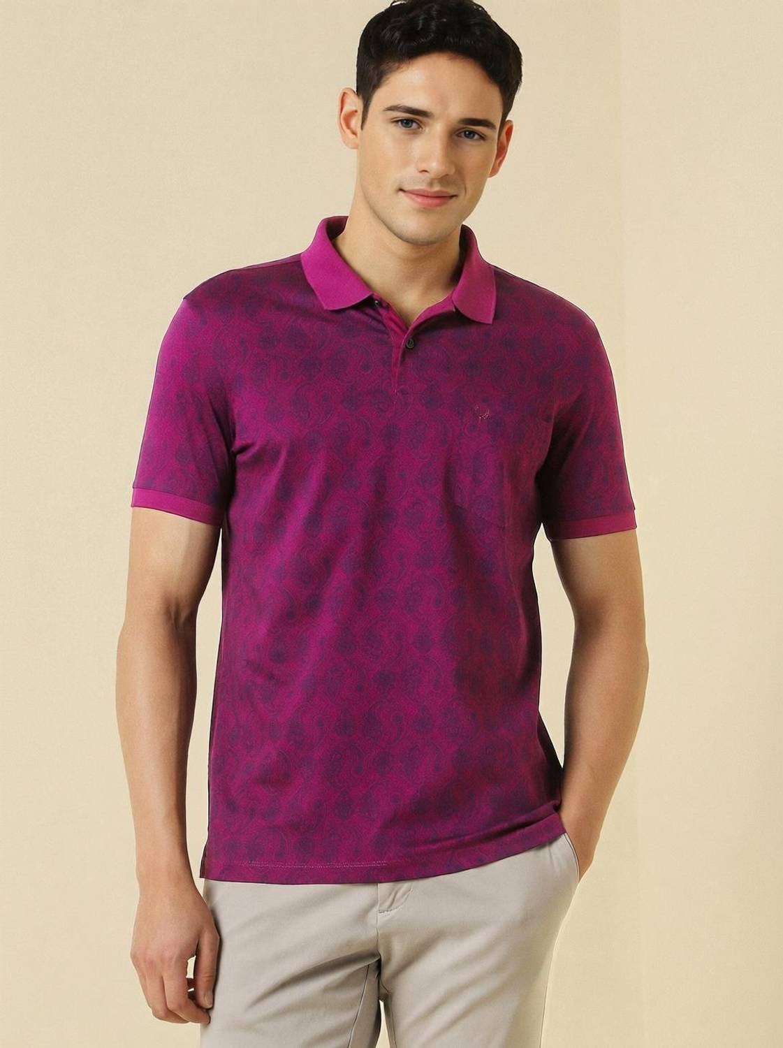 Allen Solly Printed Men Polo Neck Pink T-Shirt